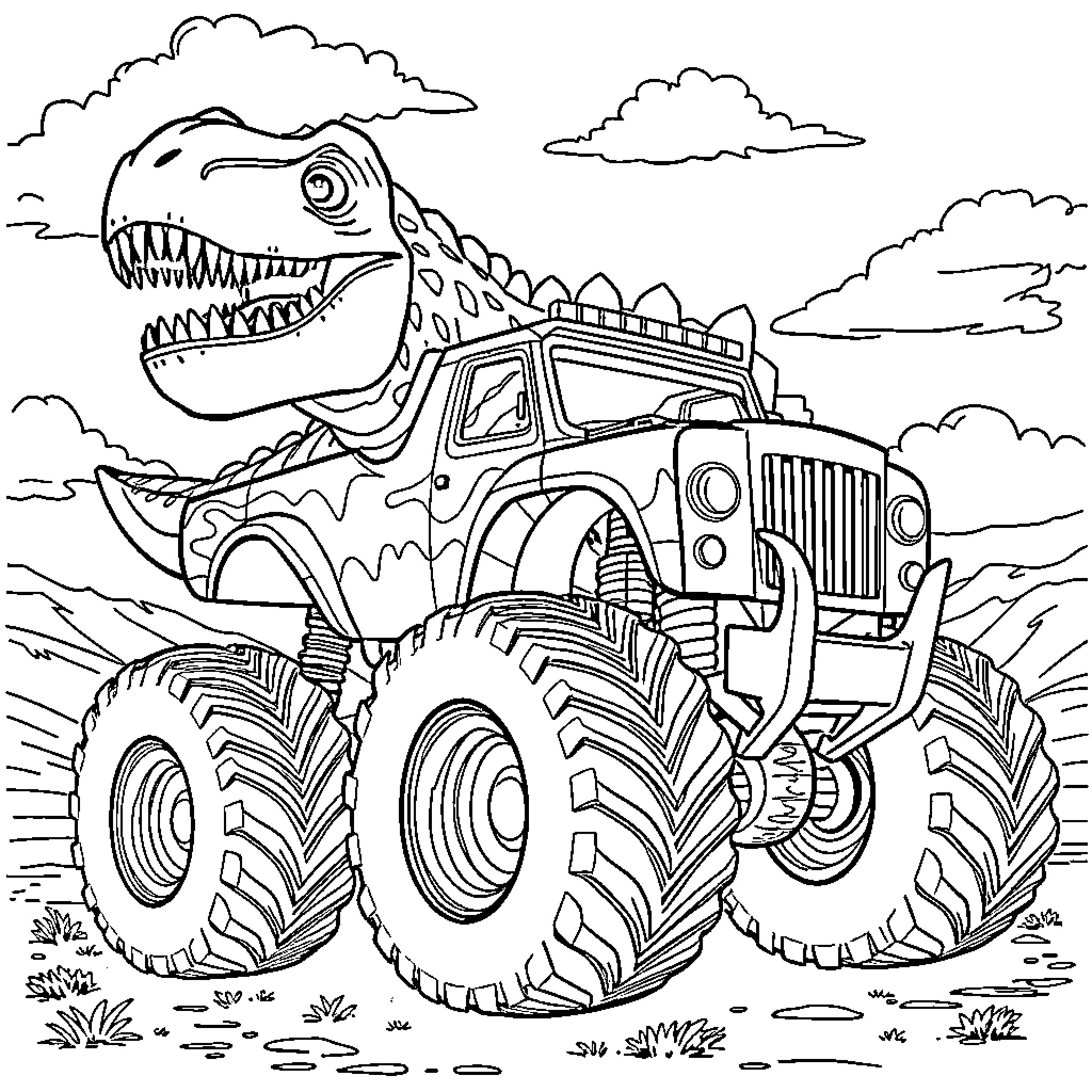 Mosasaurs riding a monster truck in the wilderness Coloring Page (free black-and-white line drawing printable PDF for all, from beginners to advanced learners, including children, teens, adults, and seniors)