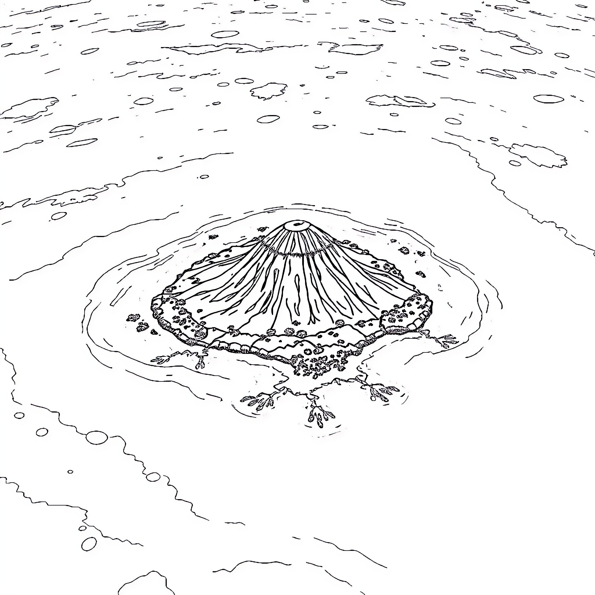 Mauritius Volcanic Island Landscape Coloring Page (free black-and-white line drawing printable PDF for all, from beginners to advanced learners, including children, teens, adults, and seniors)