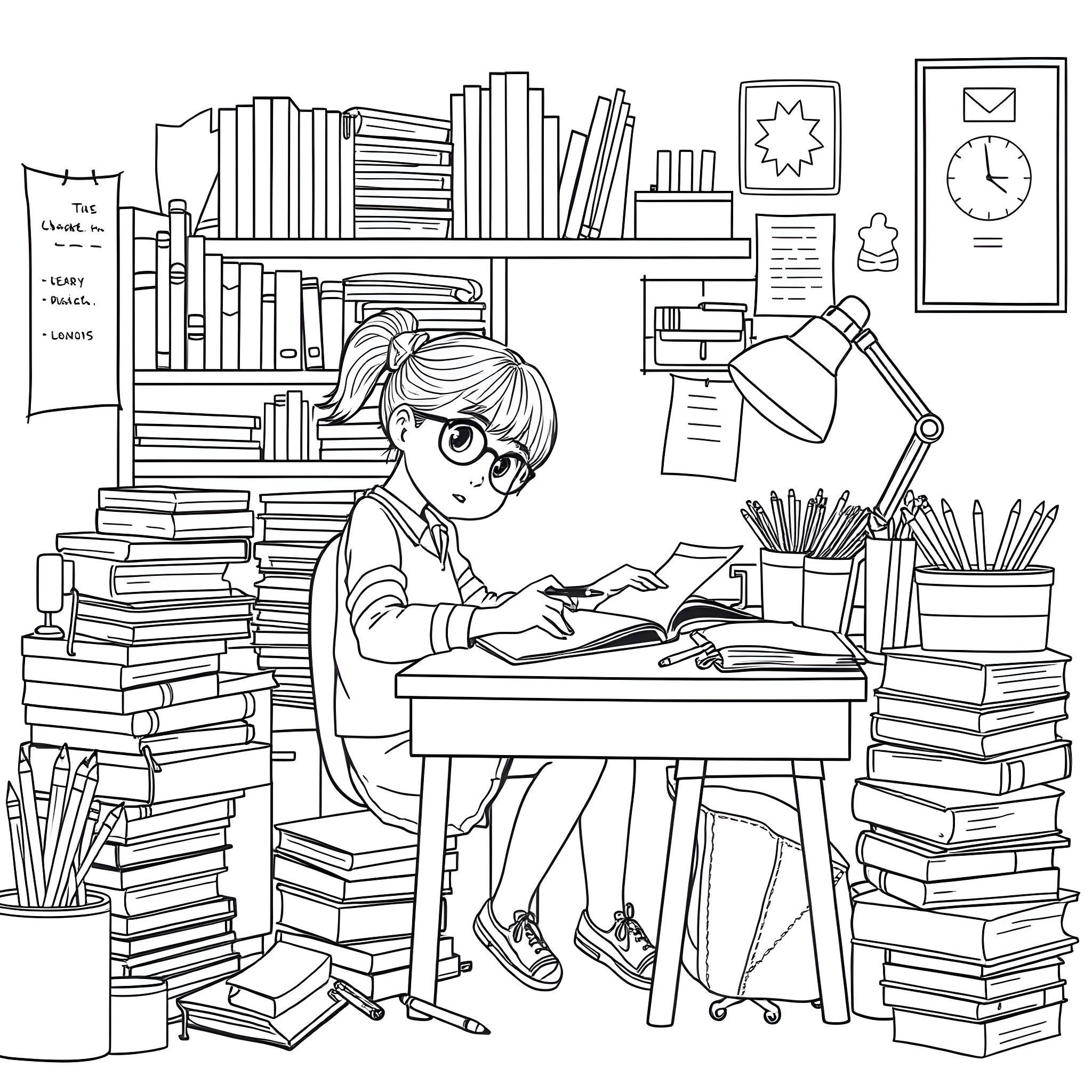 School Girl Studying Diligently in Home Study Area Coloring Page (free black-and-white line drawing printable PDF for all, from beginners to advanced learners, including children, teens, adults, and seniors)