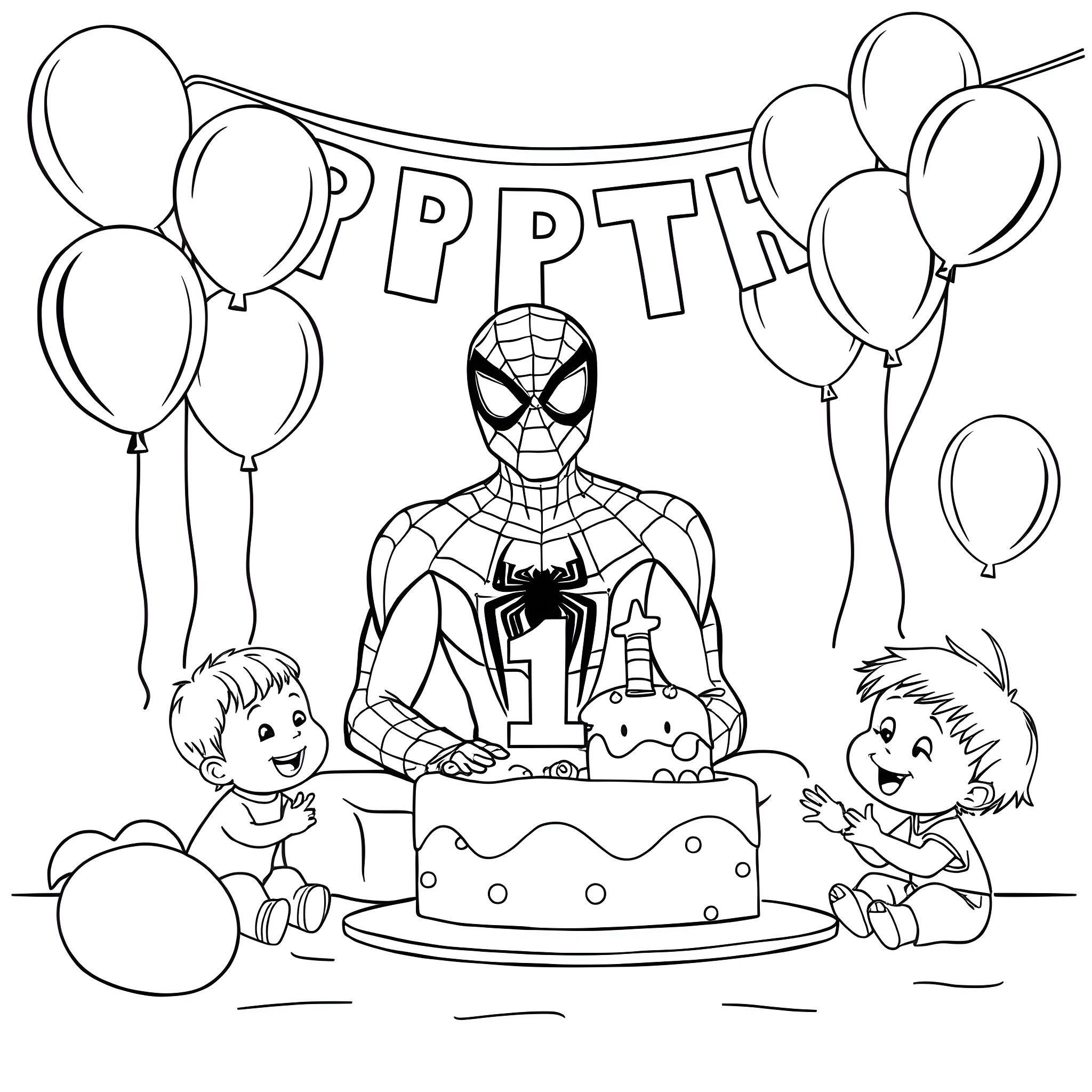 Spider-Man celebrates birthday with children and cake Coloring Page (free black-and-white line drawing printable PDF for all, from beginners to advanced learners, including children, teens, adults, and seniors)