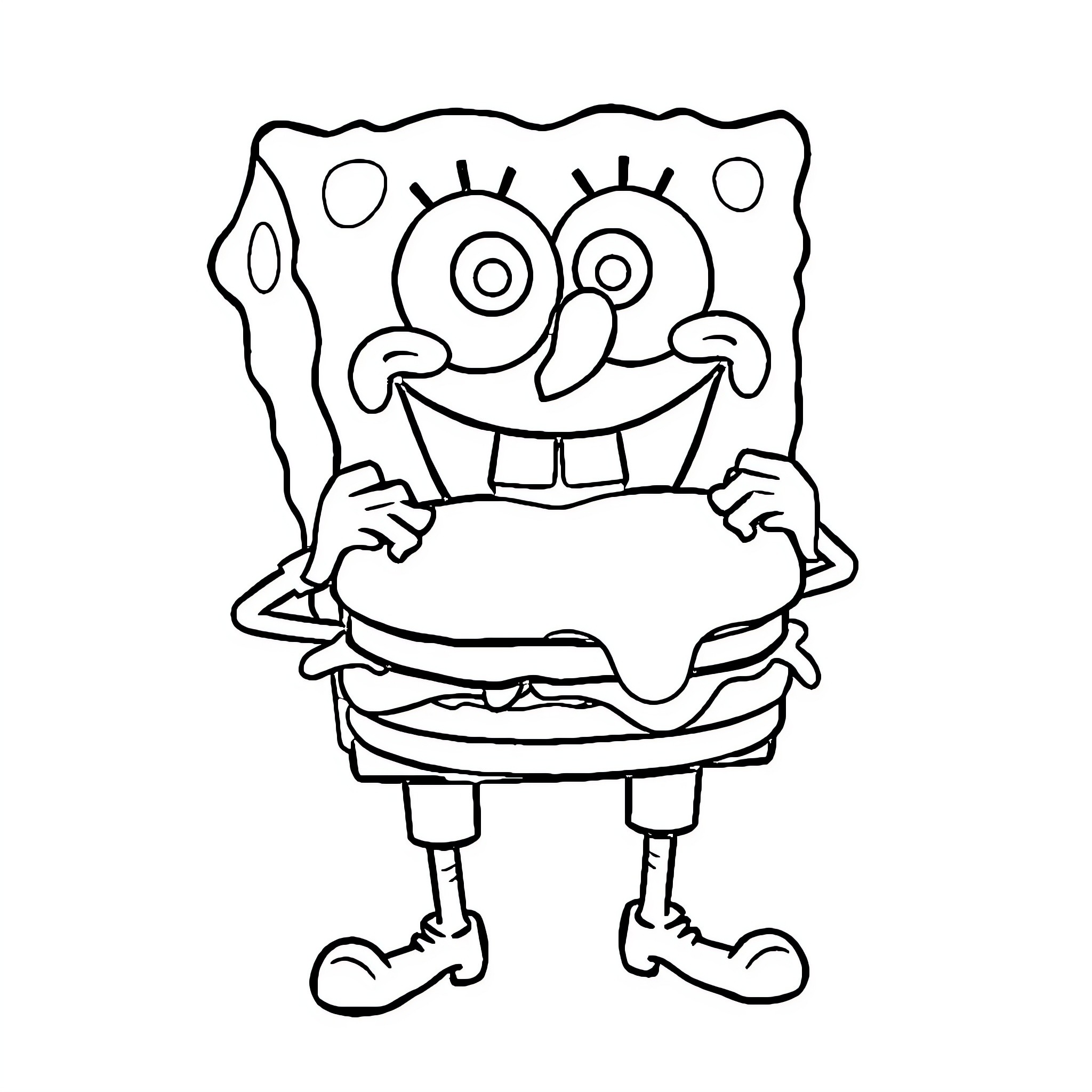 Spongebob holding a big burger happily Coloring Page (free black-and-white line drawing printable PDF for all, from beginners to advanced learners, including children, teens, adults, and seniors)