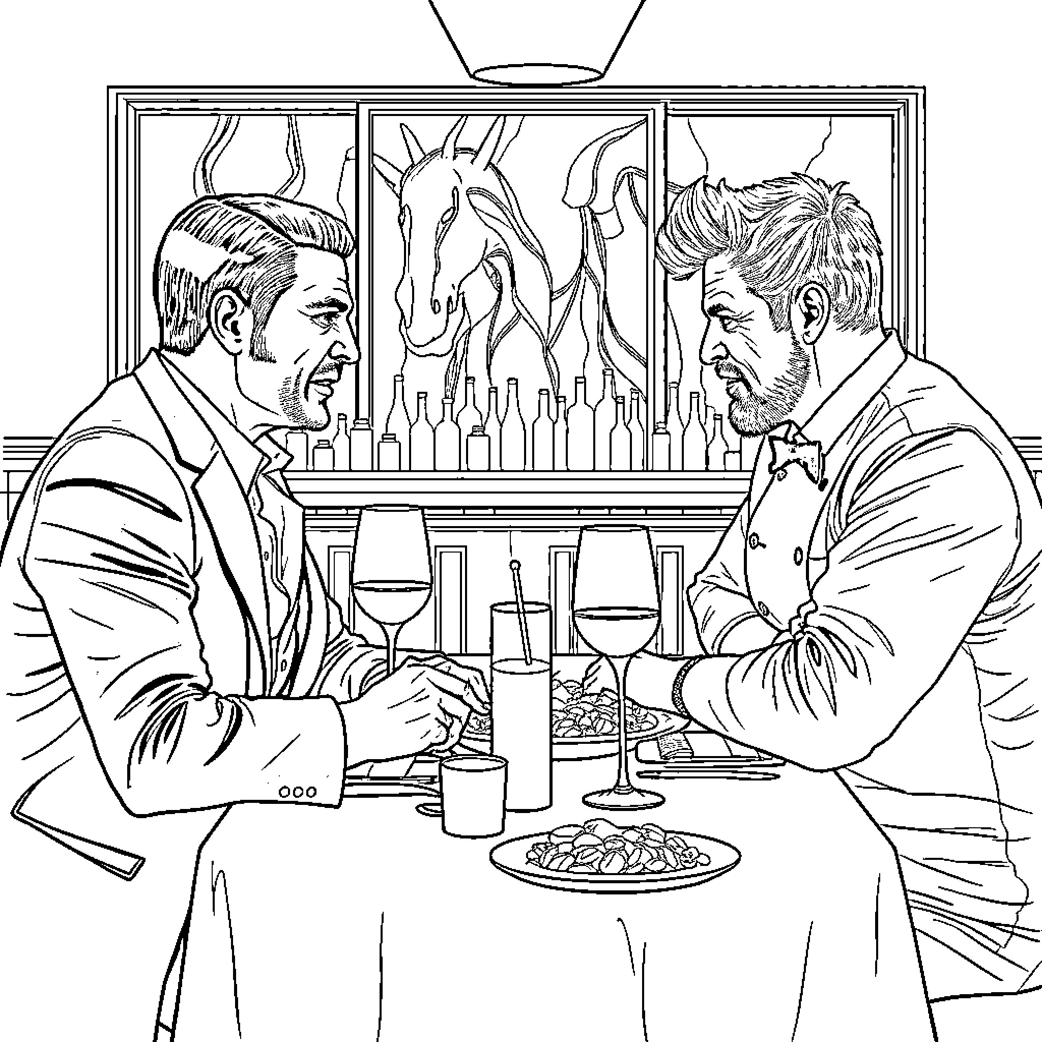 Hannibal Lecter Sharing a Meal with Companion Coloring Page (free black-and-white line drawing printable PDF for all, from beginners to advanced learners, including children, teens, adults, and seniors)
