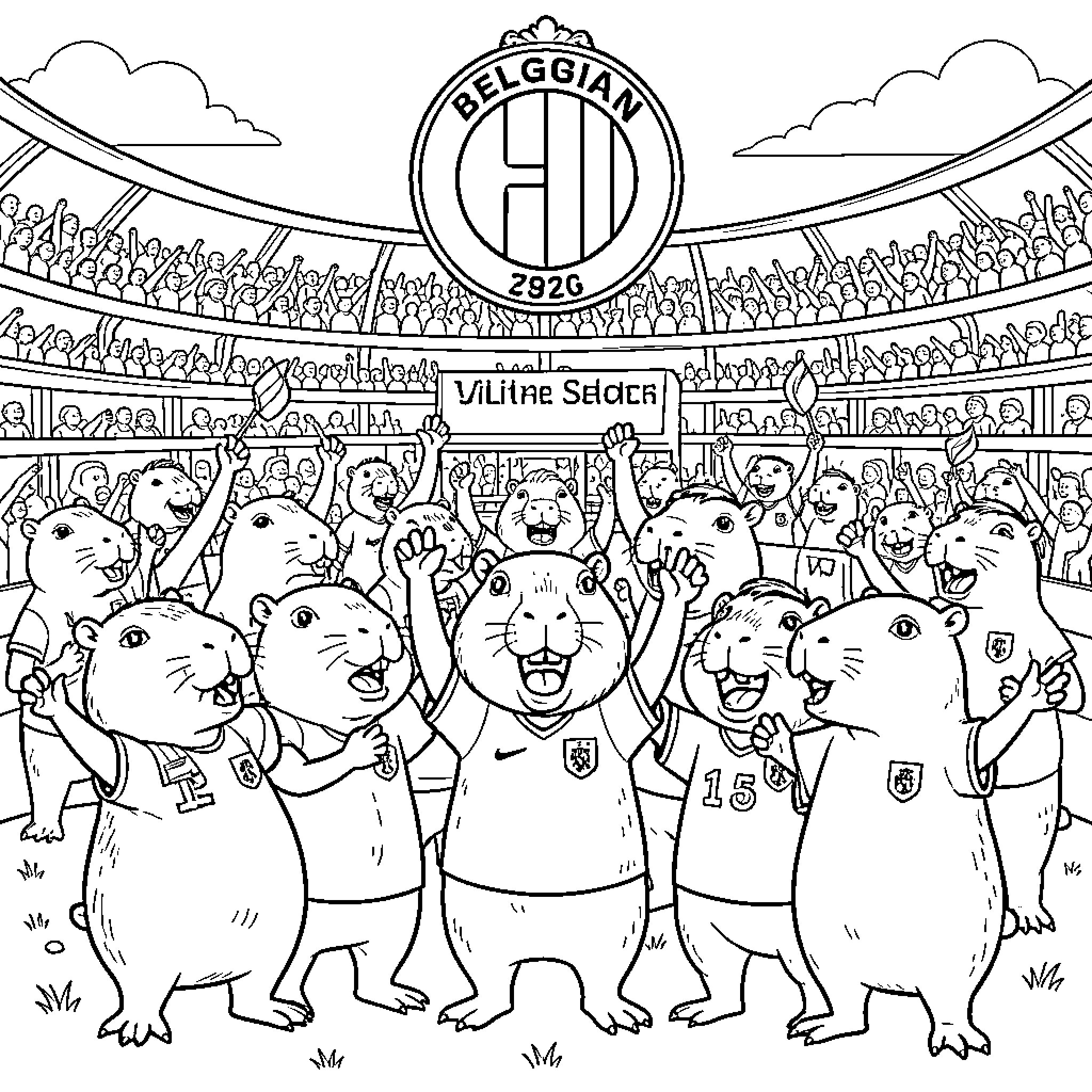 Capybara fans cheering enthusiastically in a crowded stadium Coloring Page (free black-and-white line drawing printable PDF for all, from beginners to advanced learners, including children, teens, adults, and seniors)