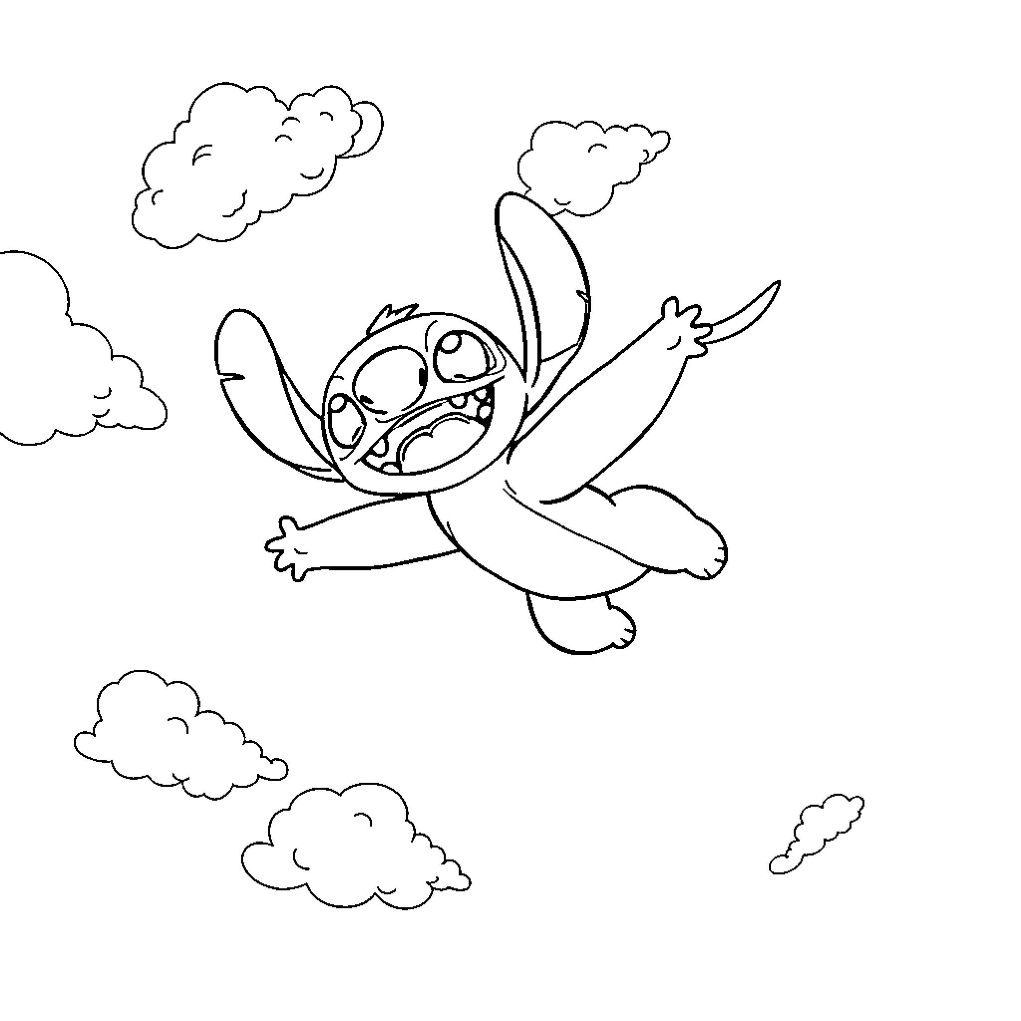Stitch soaring through the clouds Coloring Page (free black-and-white line drawing printable PDF for all, from beginners to advanced learners, including children, teens, adults, and seniors)