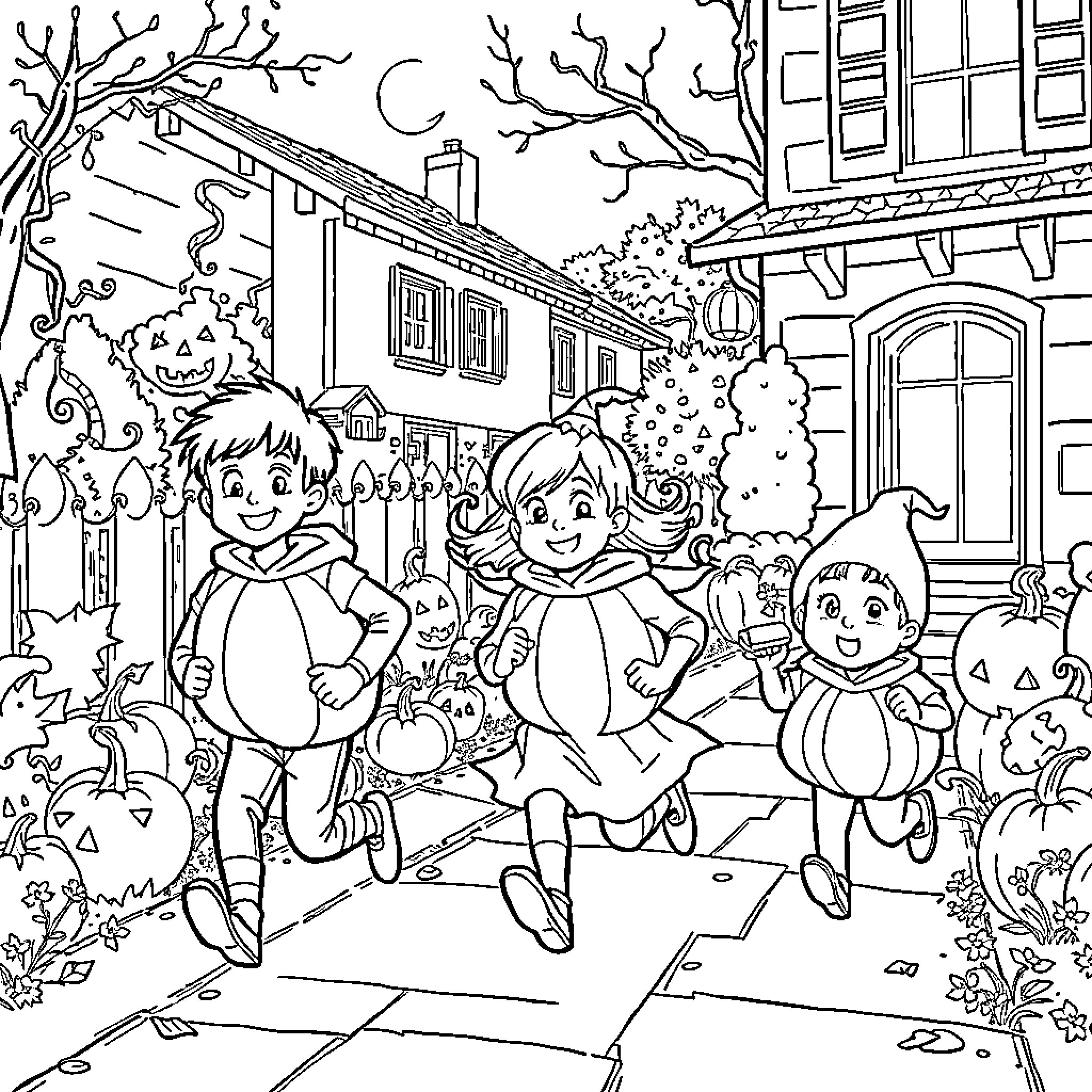 Kids trick-or-treating on Halloween night Coloring Page (free black-and-white line drawing printable PDF for all, from beginners to advanced learners, including children, teens, adults, and seniors)
