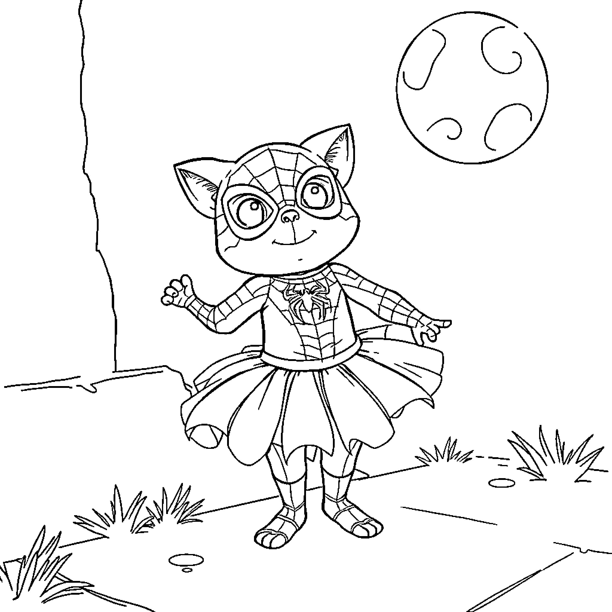 Caca Kitten in Playful Superhero Attire Coloring Page (free black-and-white line drawing printable PDF for all, from beginners to advanced learners, including children, teens, adults, and seniors)