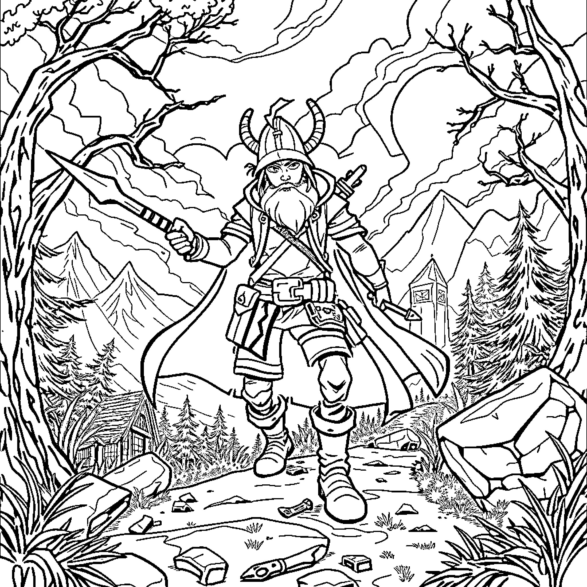 Huntrix Warrior Traverses Enchanted Woodland Terrain Coloring Page (free black-and-white line drawing printable PDF for all, from beginners to advanced learners, including children, teens, adults, and seniors)
