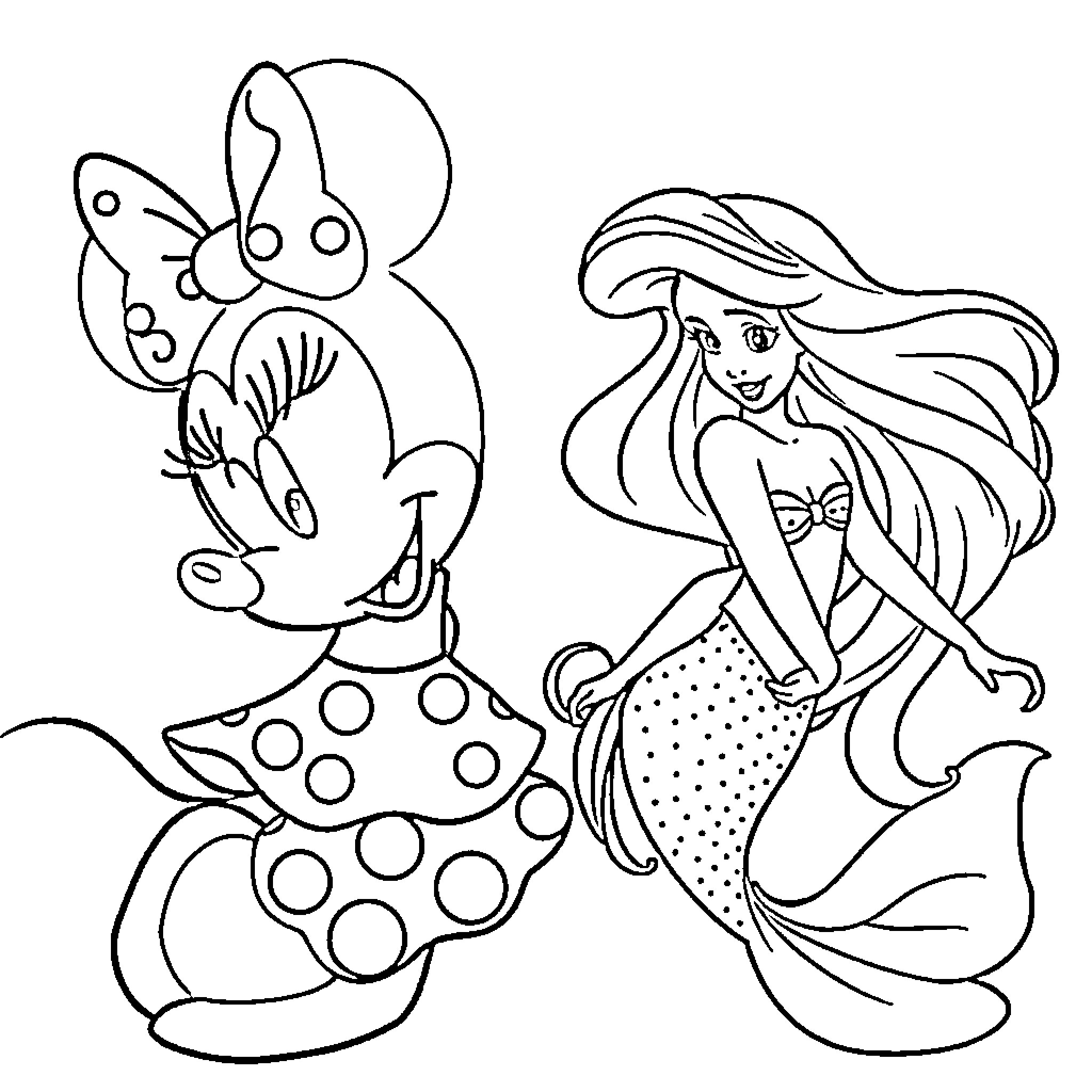 Minnie Mouse and Mermaid Interacting Joyfully Coloring Page (free black-and-white line drawing printable PDF for all, from beginners to advanced learners, including children, teens, adults, and seniors)