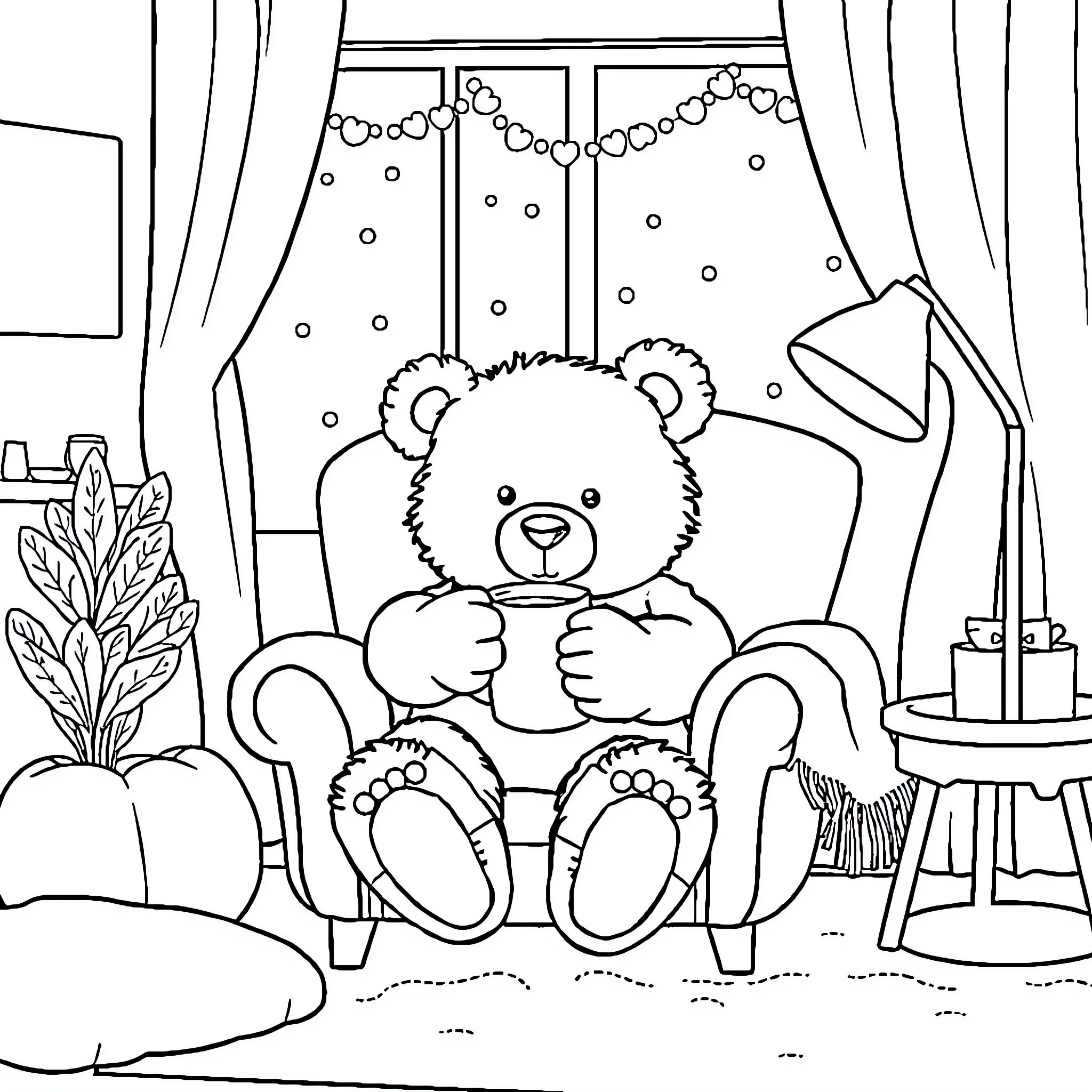 Teddy Bear Relaxing in Cozy Living Room Coloring Page (free black-and-white line drawing printable PDF for all, from beginners to advanced learners, including children, teens, adults, and seniors)