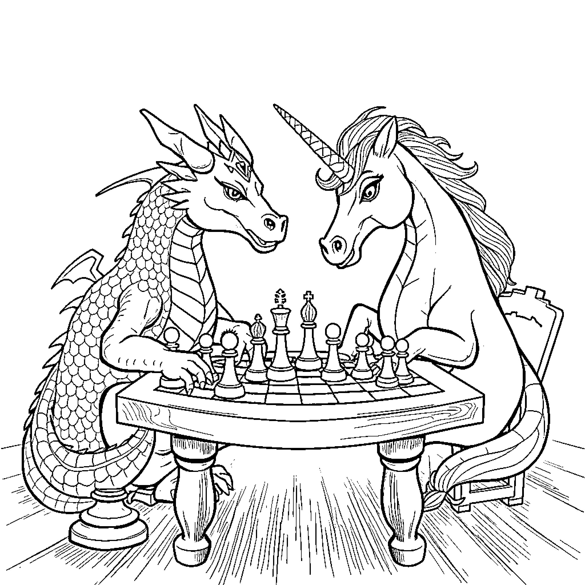 Dragon and Unicorn Playing Chess Together Coloring Page (free black-and-white line drawing printable PDF for all, from beginners to advanced learners, including children, teens, adults, and seniors)