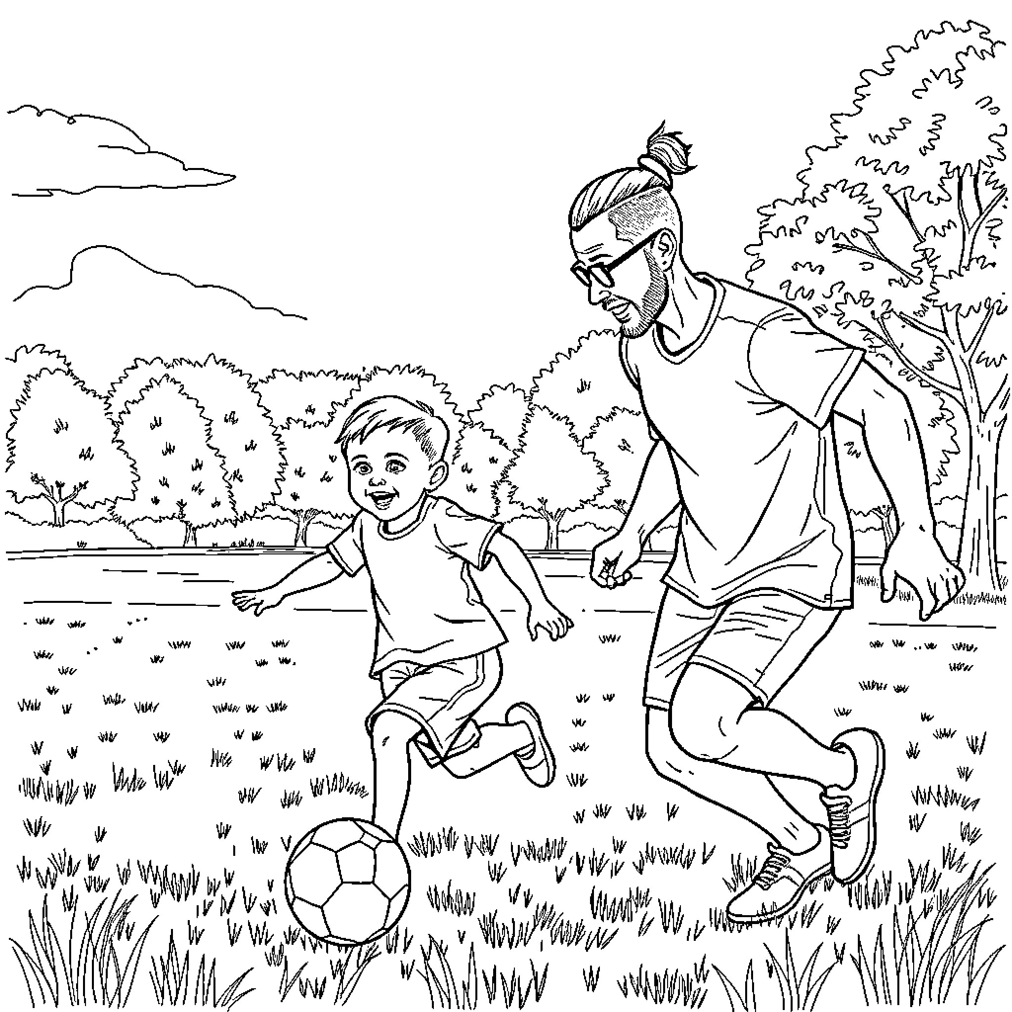 Boy Playing Soccer with Coach on Grassy Field Coloring Page (free black-and-white line drawing printable PDF for all, from beginners to advanced learners, including children, teens, adults, and seniors)