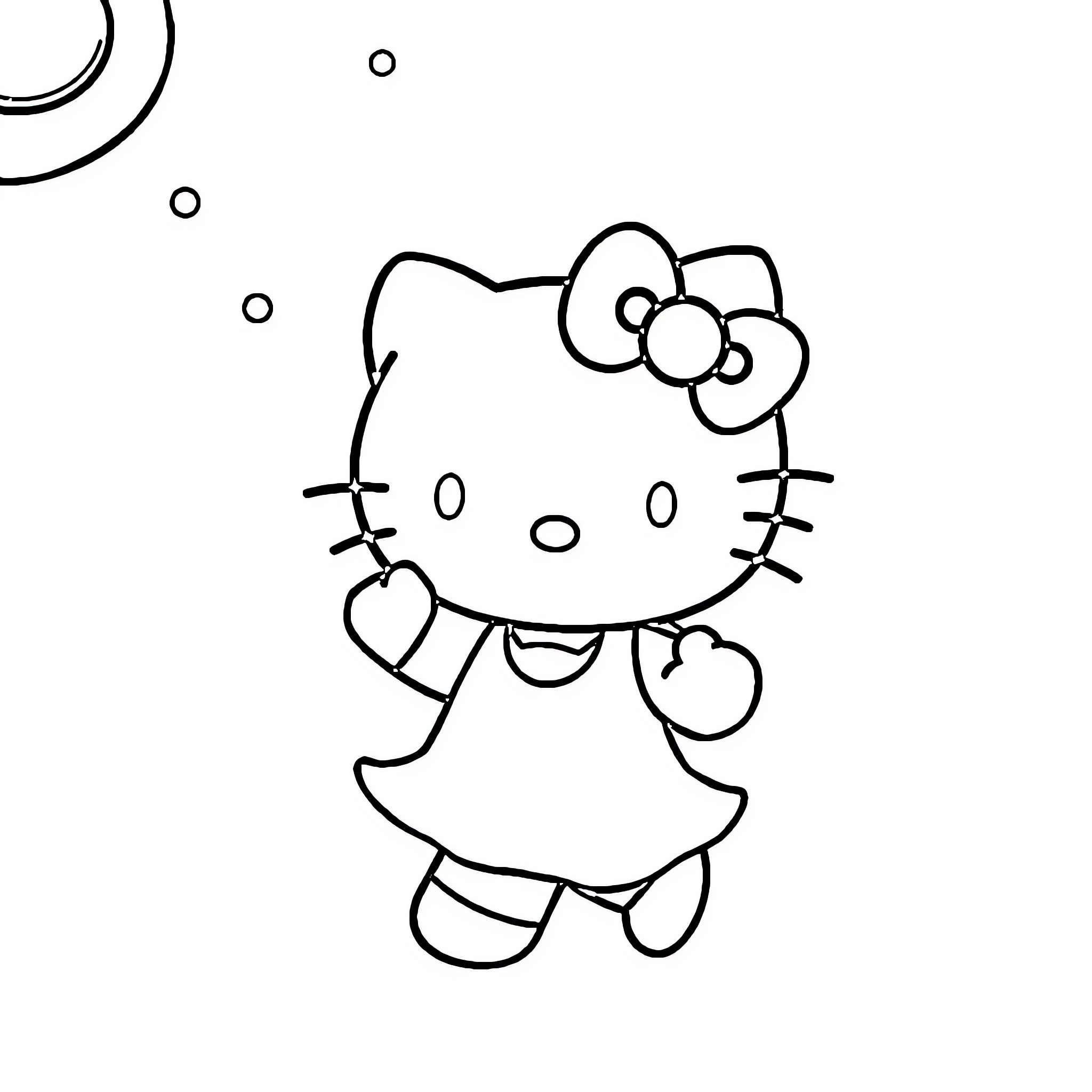 Hello Kitty playing joyfully Coloring Page (free black-and-white line drawing printable PDF for all, from beginners to advanced learners, including children, teens, adults, and seniors)