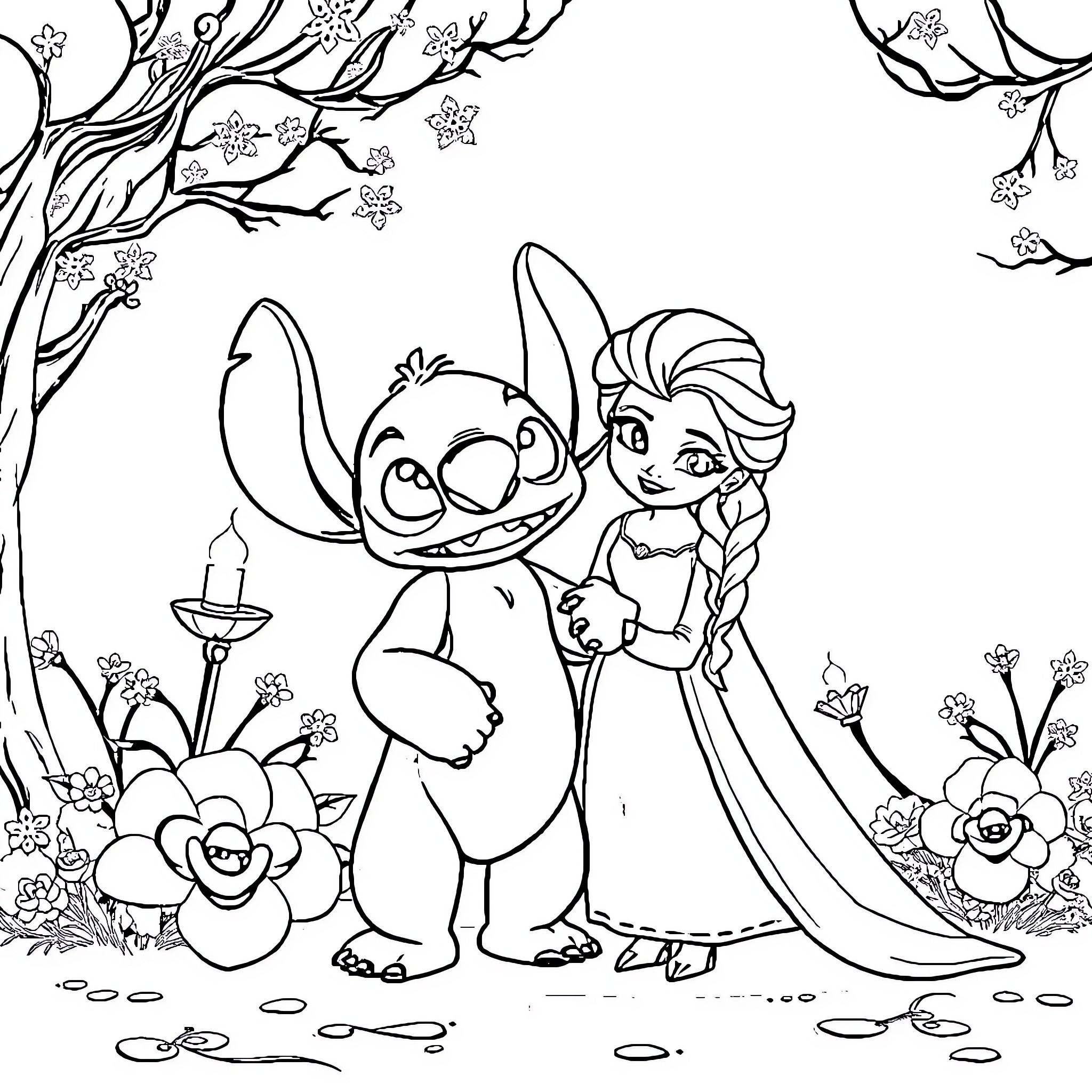 Stitch and Elsa exploring the enchanted forest Coloring Page (free black-and-white line drawing printable PDF for all, from beginners to advanced learners, including children, teens, adults, and seniors)