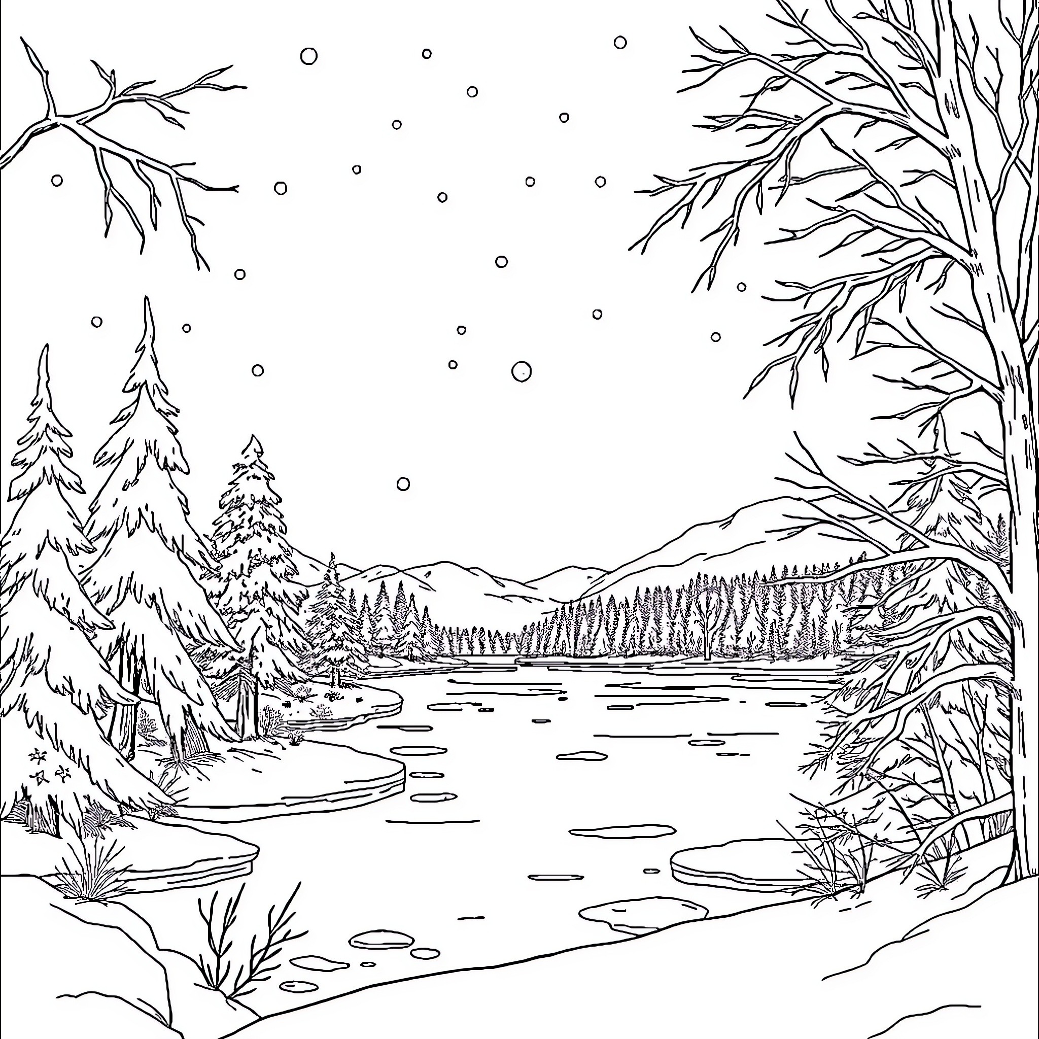 Frozen winter landscape with snowy trees and lake Coloring Page (free black-and-white line drawing printable PDF for all, from beginners to advanced learners, including children, teens, adults, and seniors)