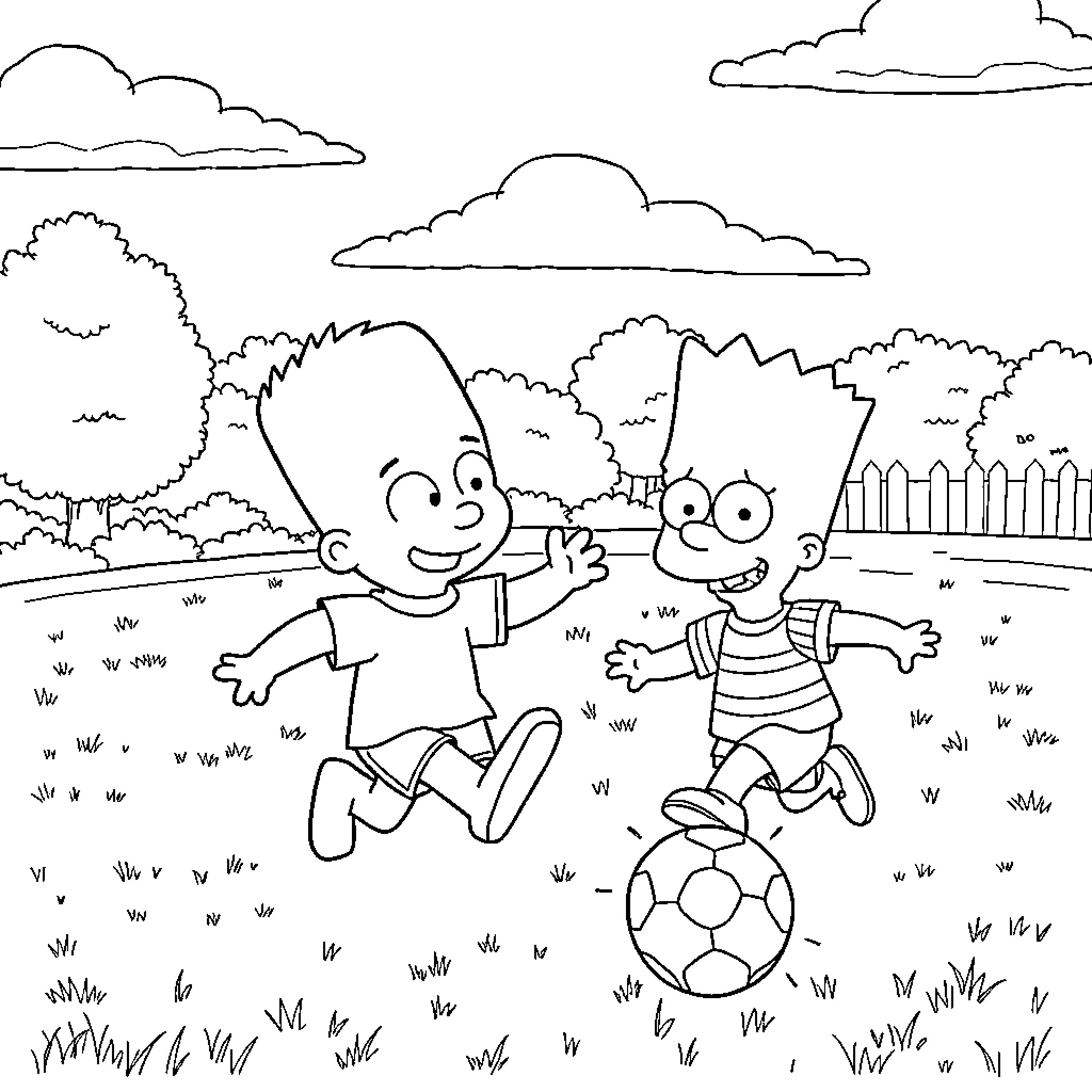 Pocoyo and friends playing soccer in the park Coloring Page (free black-and-white line drawing printable PDF for all, from beginners to advanced learners, including children, teens, adults, and seniors)