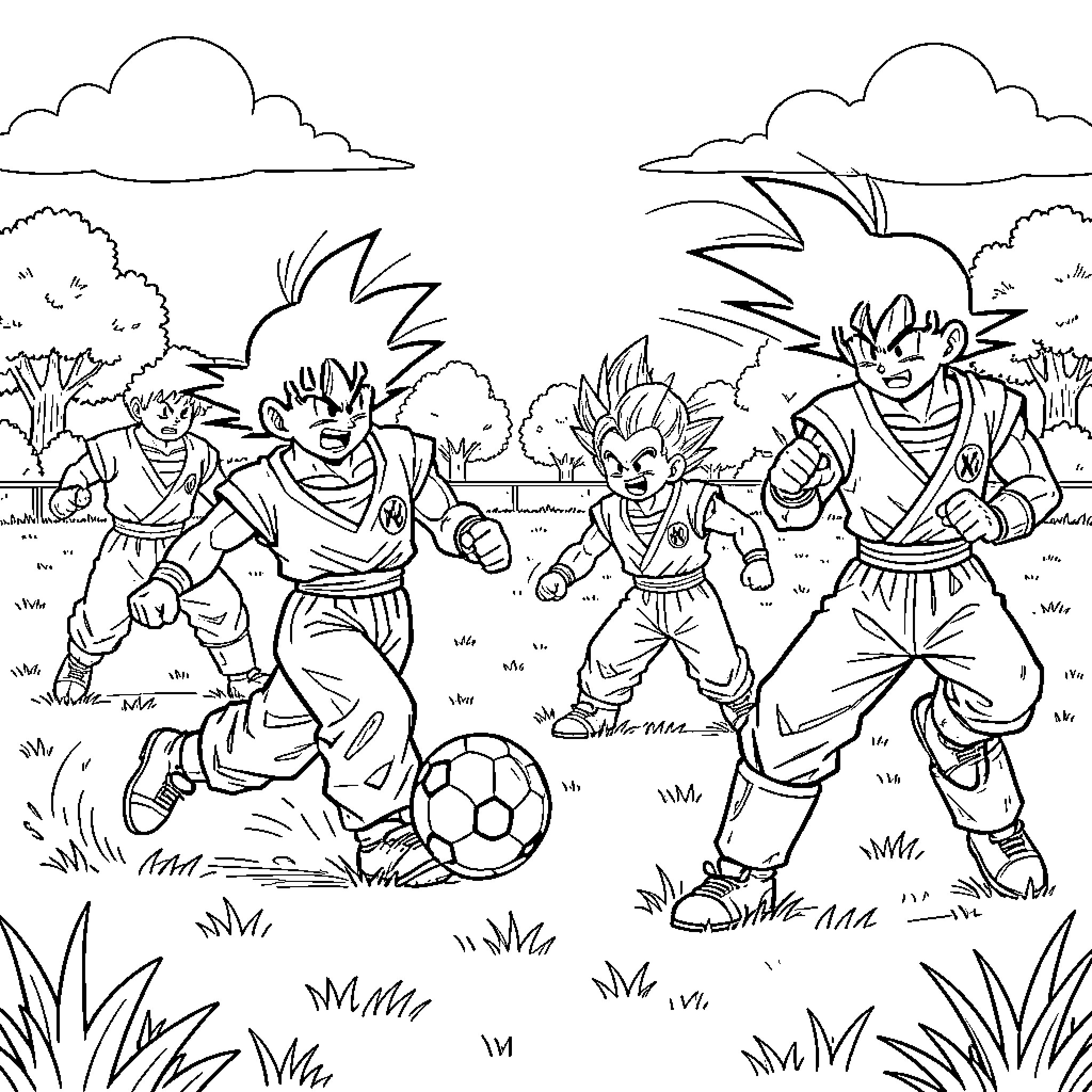 Dragon Ball characters playing soccer in a field Coloring Page (free black-and-white line drawing printable PDF for all, from beginners to advanced learners, including children, teens, adults, and seniors)