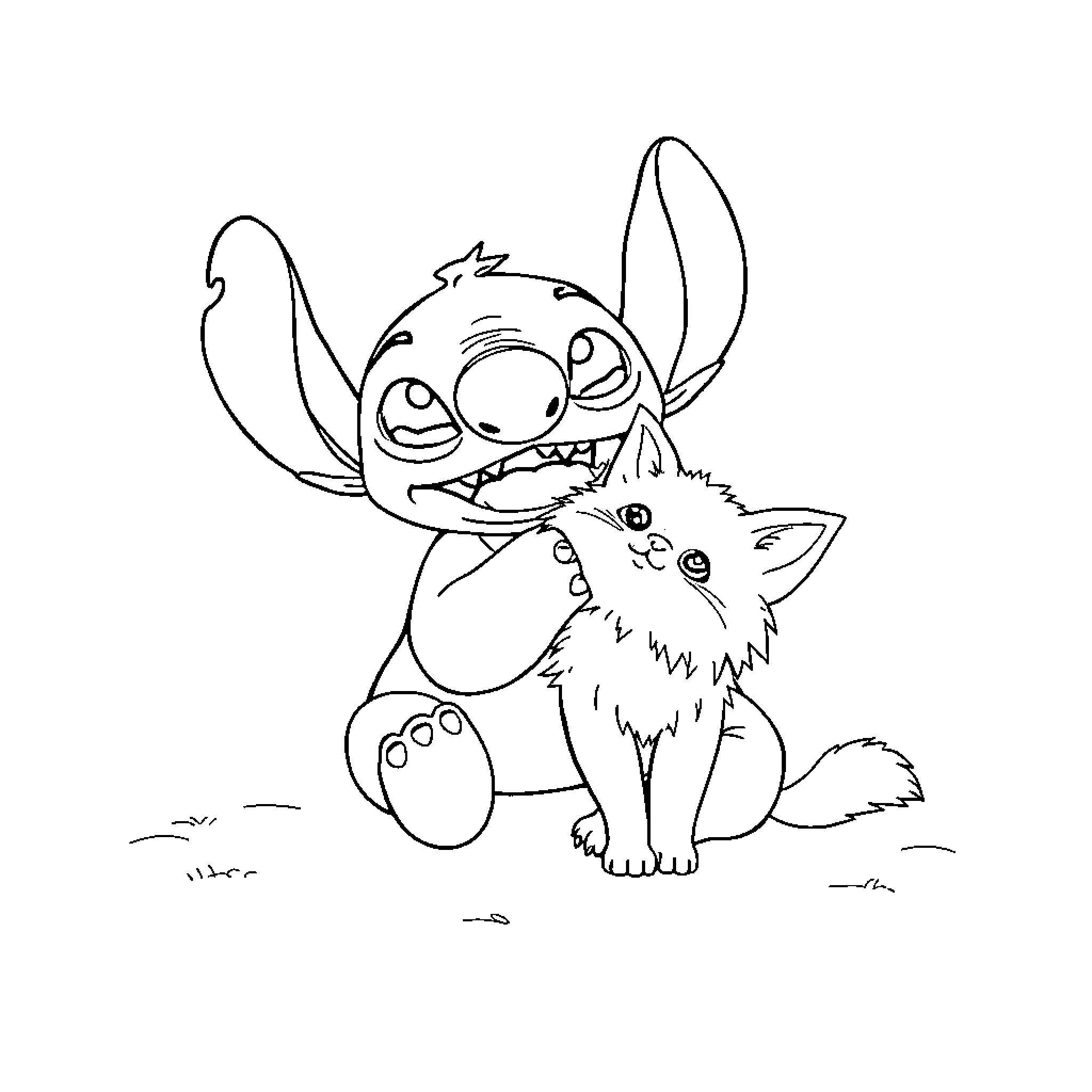 Stitch playing with a fluffy puppy Coloring Page (free black-and-white line drawing printable PDF for all, from beginners to advanced learners, including children, teens, adults, and seniors)