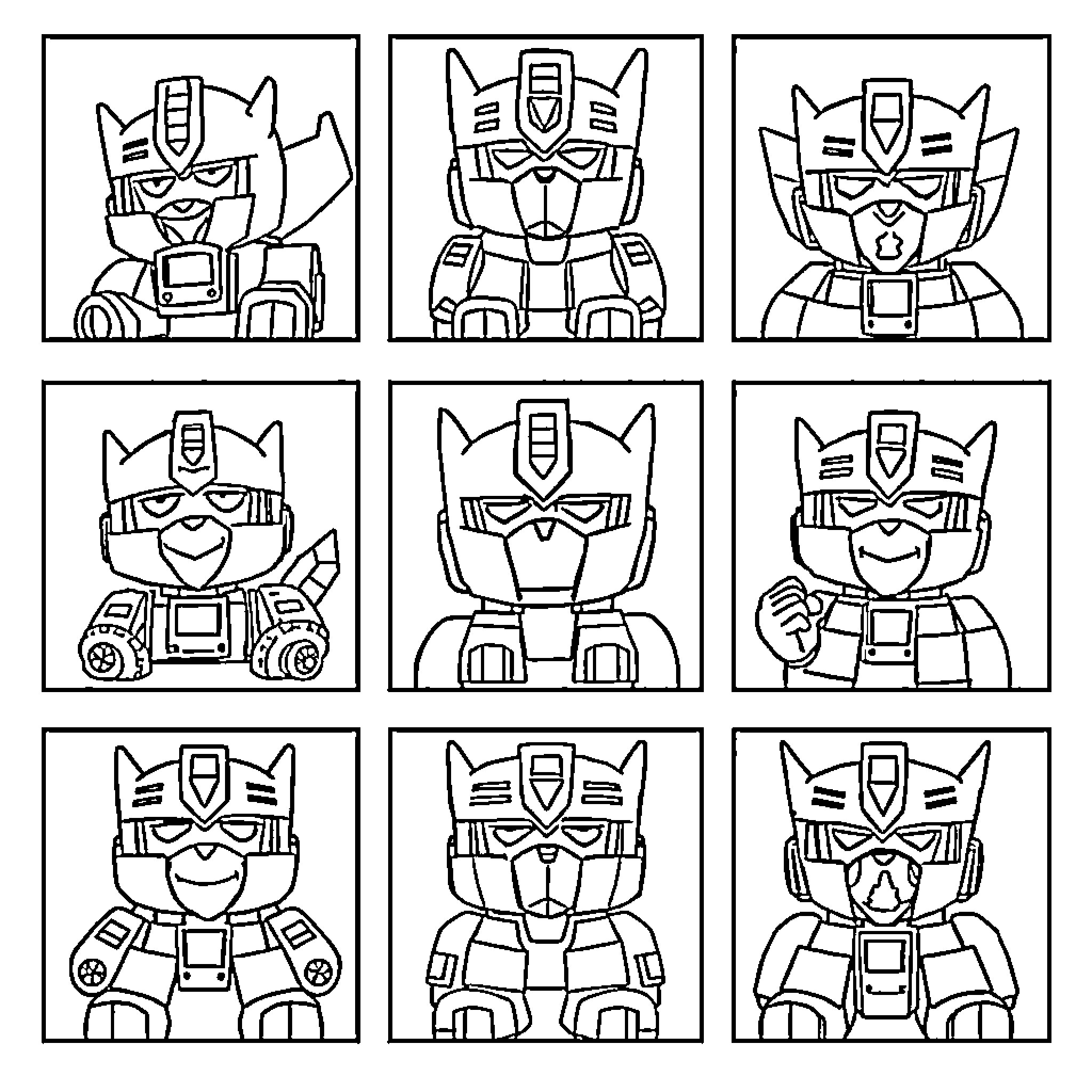 Transformer Robots in Action and Expressions Coloring Page (free black-and-white line drawing printable PDF for all, from beginners to advanced learners, including children, teens, adults, and seniors)
