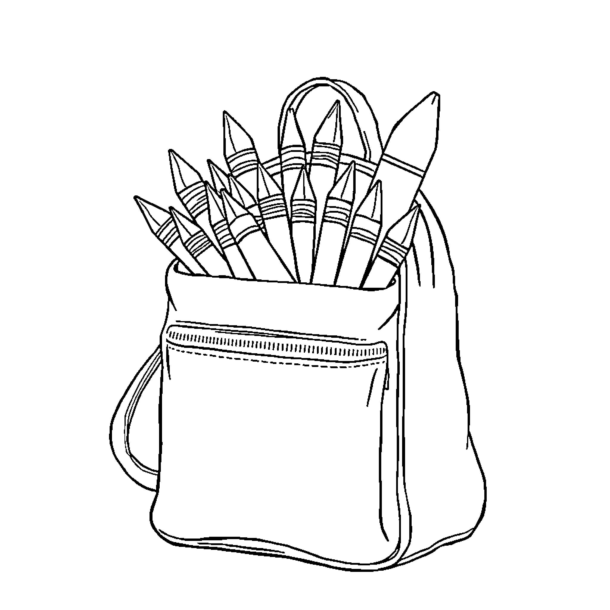 Sac Filled with Pencils and Stationery Coloring Page (free black-and-white line drawing printable PDF for all, from beginners to advanced learners, including children, teens, adults, and seniors)