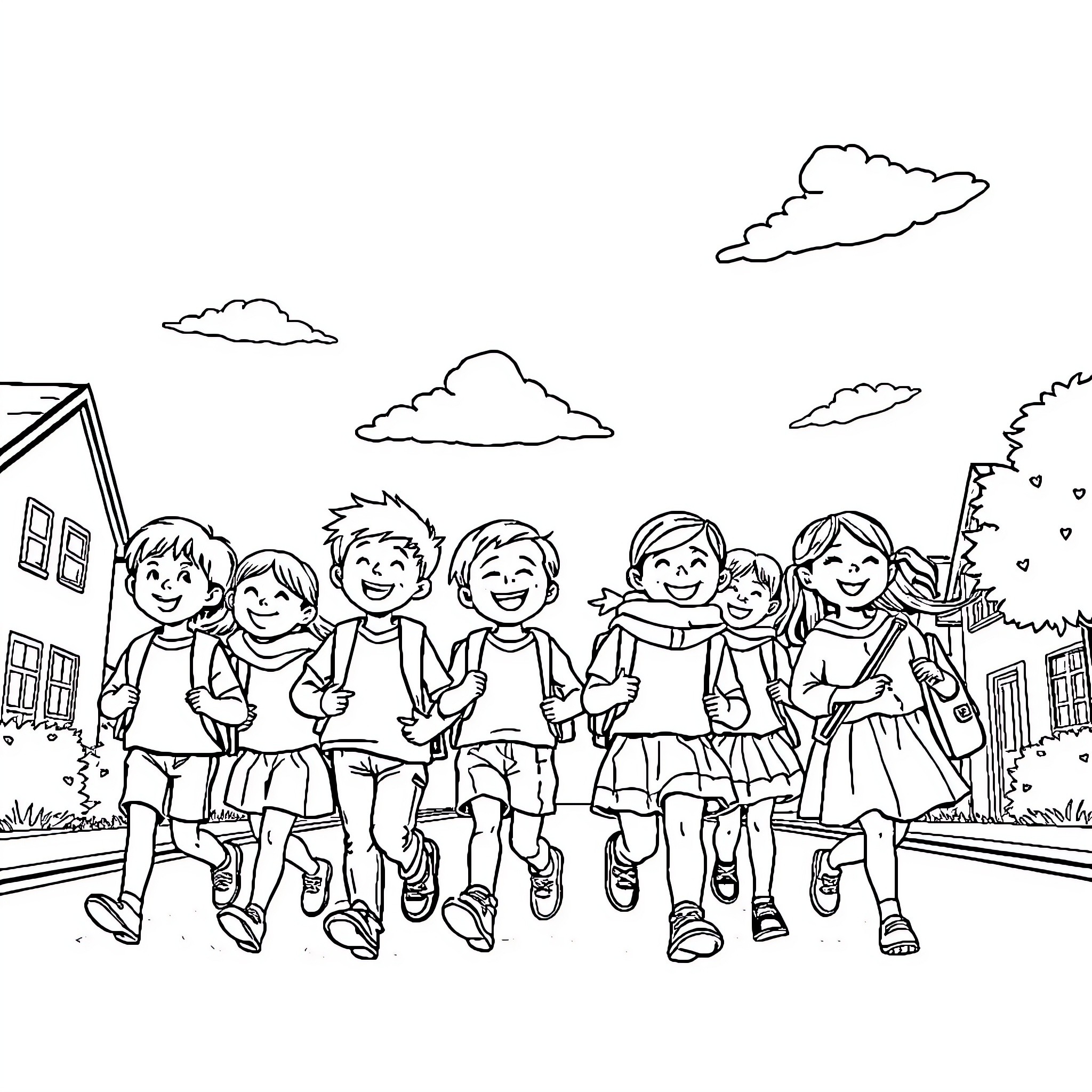 Children playing joyfully on the street Coloring Page (free black-and-white line drawing printable PDF for all, from beginners to advanced learners, including children, teens, adults, and seniors)