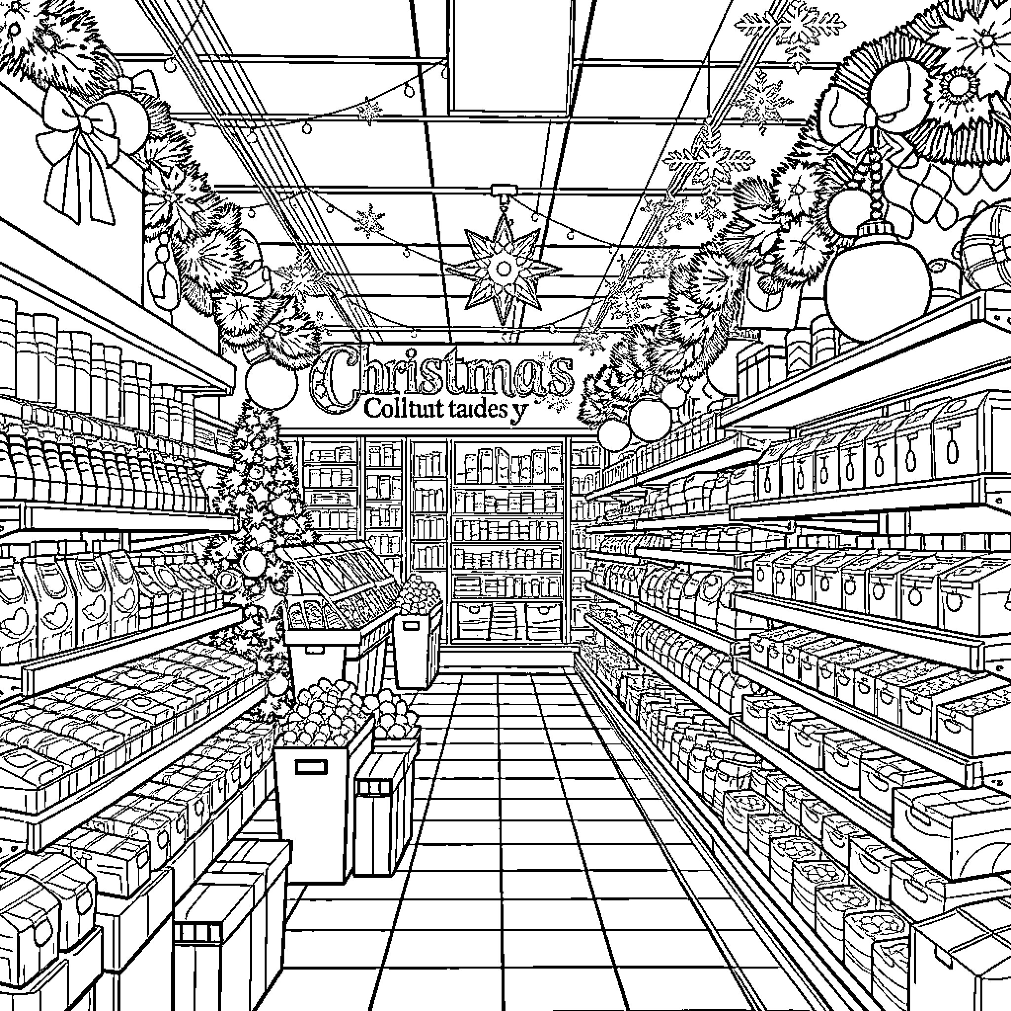 Christmas Celebration in Grocery Store Aisle Coloring Page (free black-and-white line drawing printable PDF for all, from beginners to advanced learners, including children, teens, adults, and seniors)