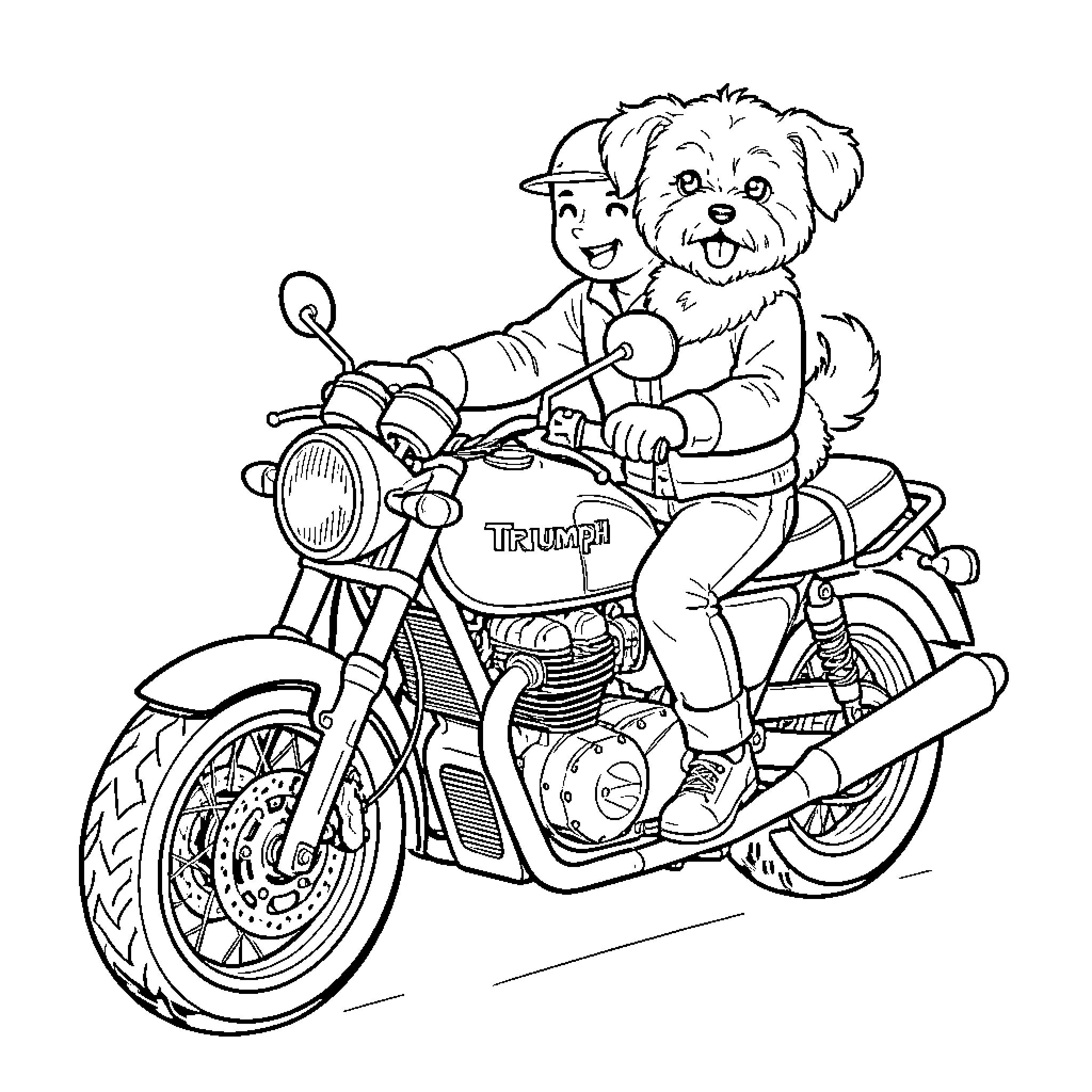 Motorbike ride with a happy child and dog Coloring Page (free black-and-white line drawing printable PDF for all, from beginners to advanced learners, including children, teens, adults, and seniors)