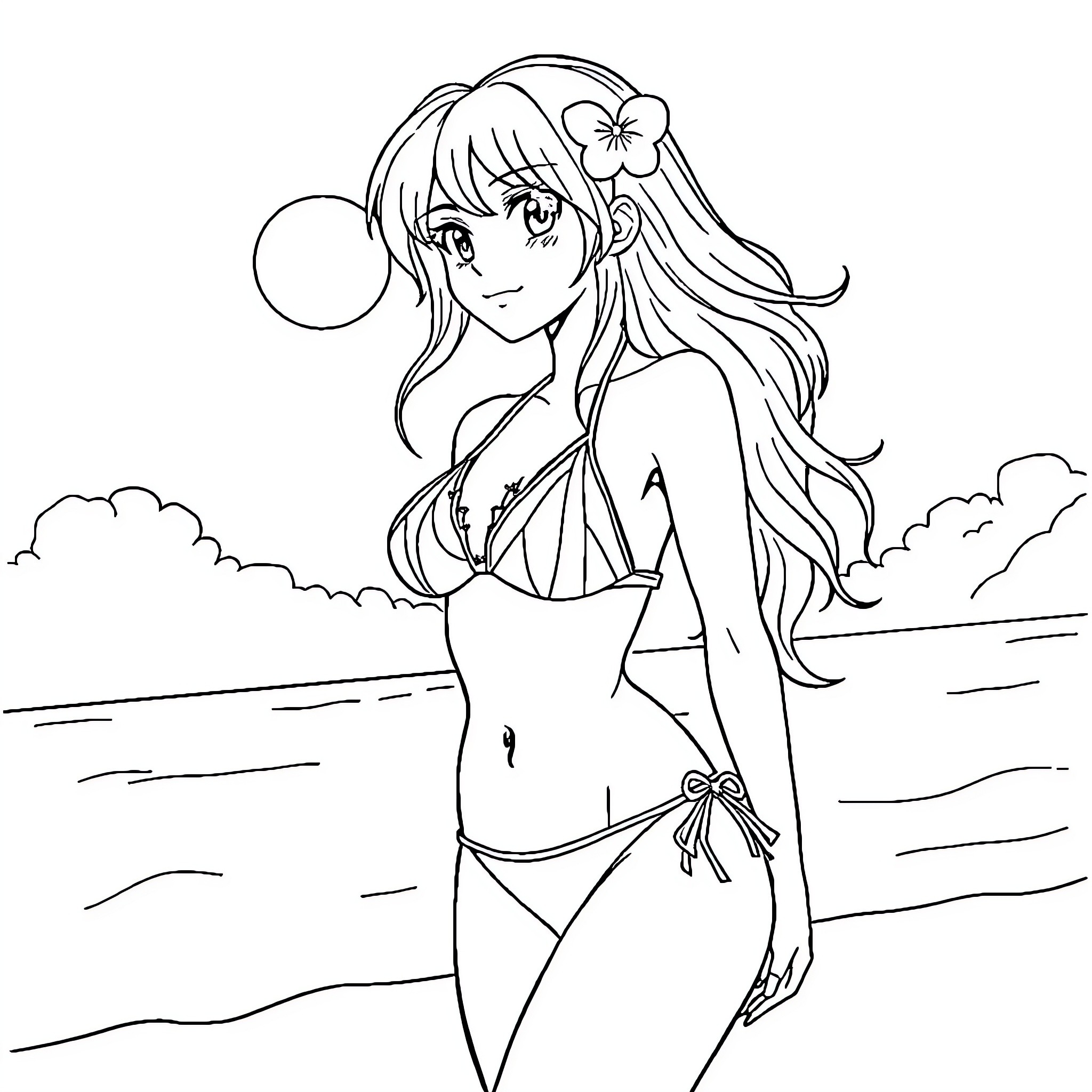 Sakura Girl Relaxing by the Beach Coloring Page (free black-and-white line drawing printable PDF for all, from beginners to advanced learners, including children, teens, adults, and seniors)