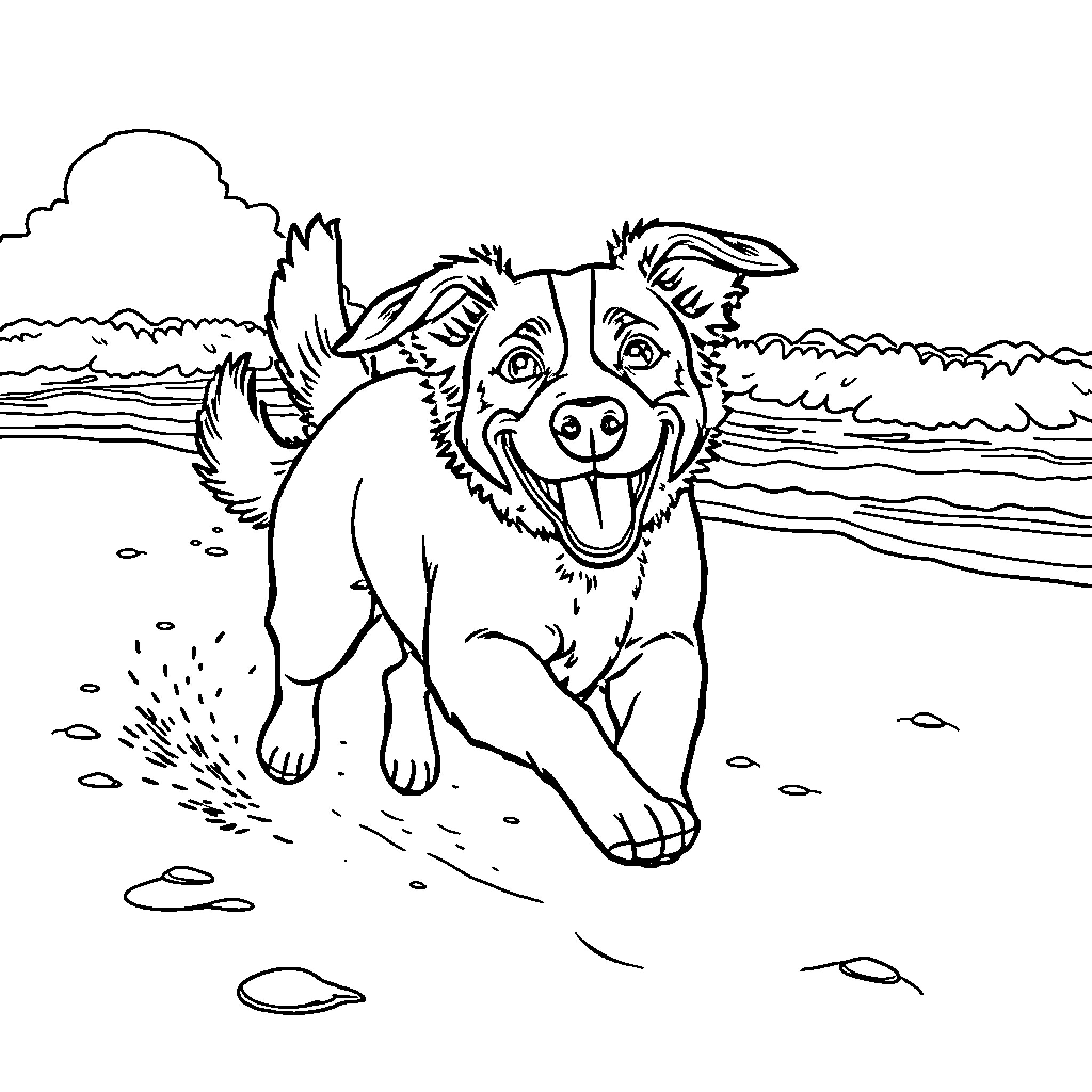 Dog playing happily on the beach Coloring Page (free black-and-white line drawing printable PDF for all, from beginners to advanced learners, including children, teens, adults, and seniors)