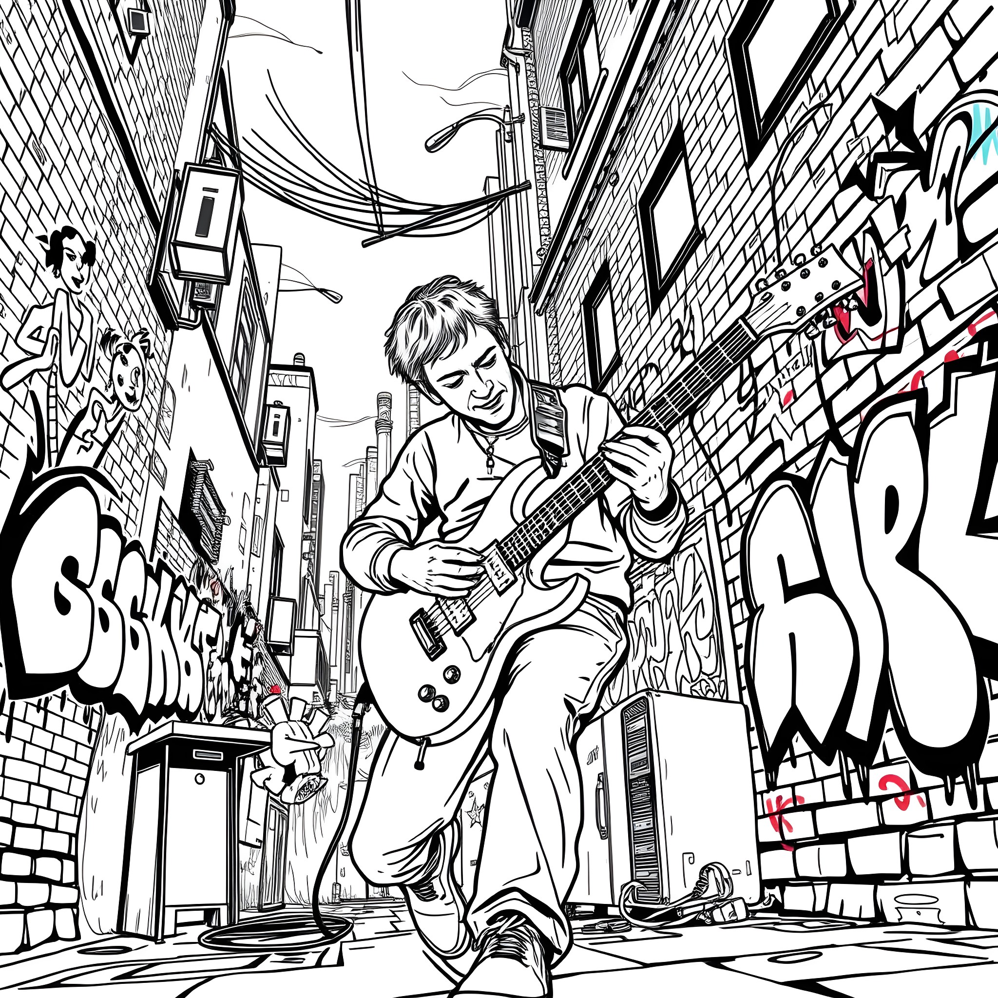 Guitar Player Performing in Urban Alley Coloring Page (free black-and-white line drawing printable PDF for all, from beginners to advanced learners, including children, teens, adults, and seniors)