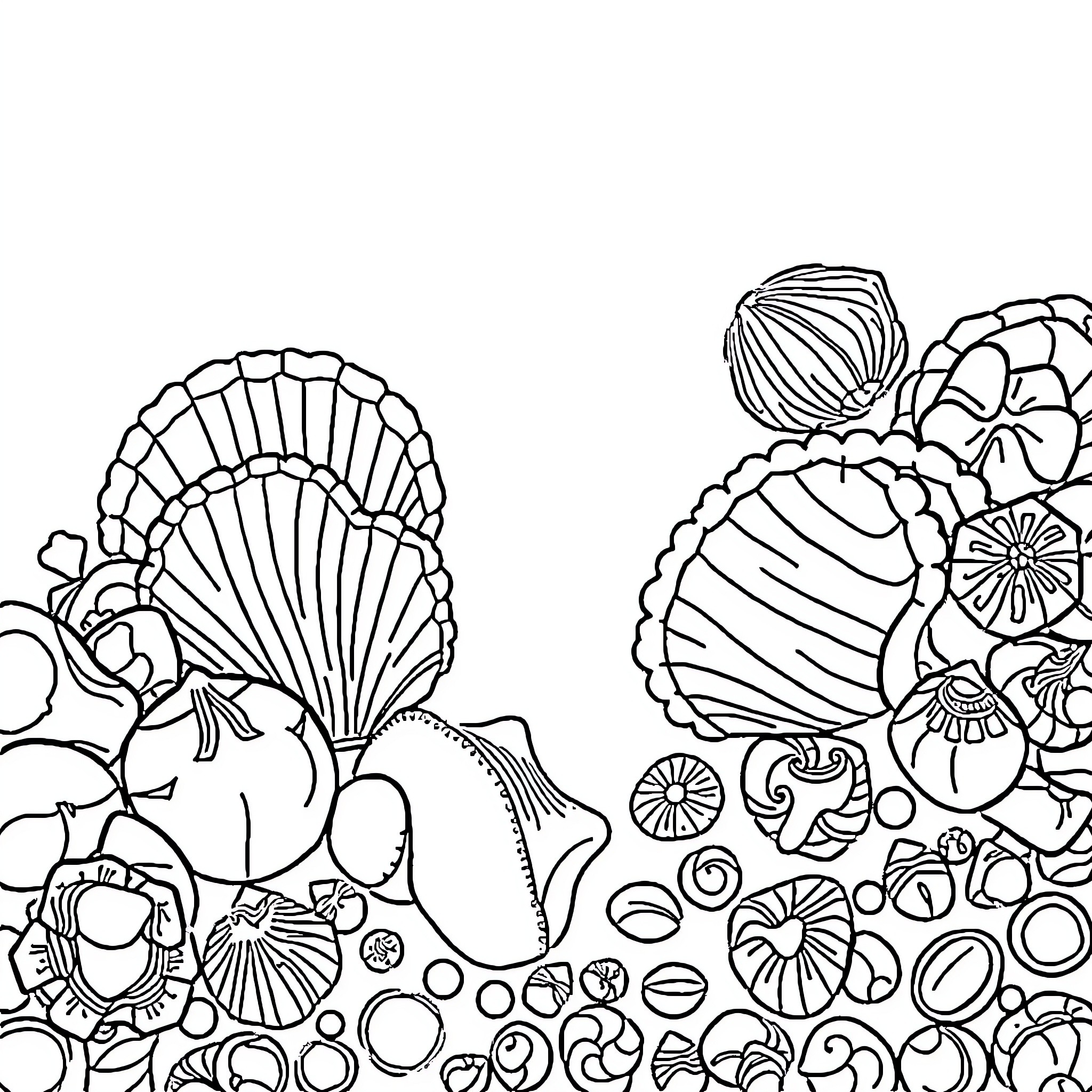 Seashell Abundance in the Coastal Landscape Coloring Page (free black-and-white line drawing printable PDF for all, from beginners to advanced learners, including children, teens, adults, and seniors)