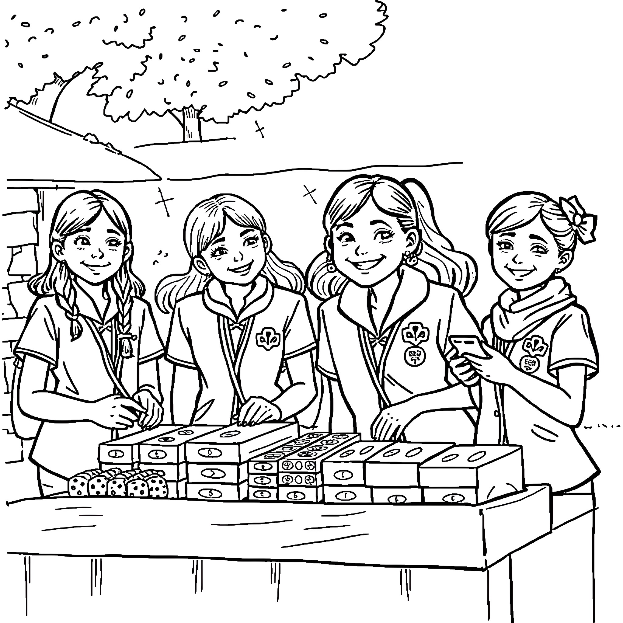 Girl Scout Troop Selling Cookies with Enthusiasm Coloring Page (free black-and-white line drawing printable PDF for all, from beginners to advanced learners, including children, teens, adults, and seniors)