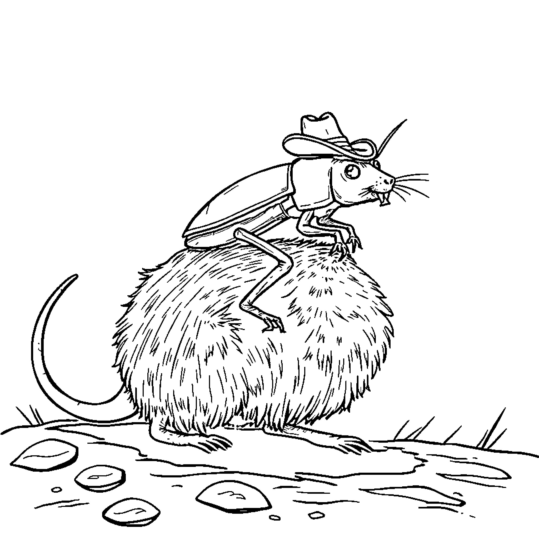 Cockroach dressed as cowboy riding mouse Coloring Page (free black-and-white line drawing printable PDF for all, from beginners to advanced learners, including children, teens, adults, and seniors)