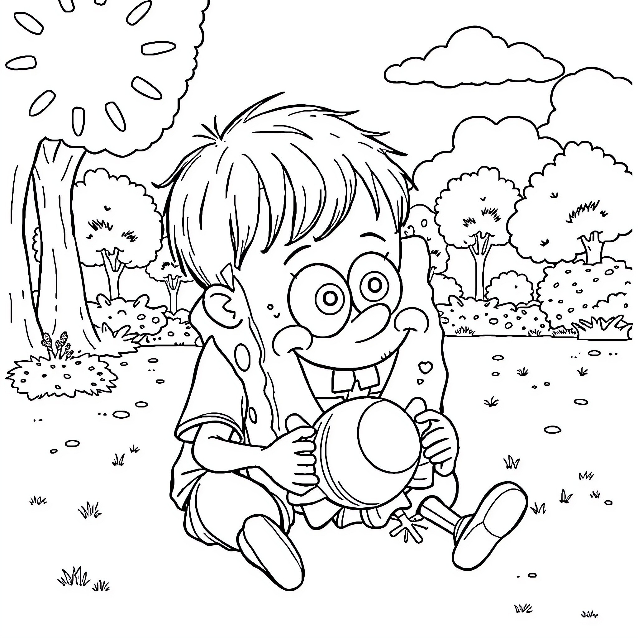 Spongebob in a happy and playful outdoor scene Coloring Page (free black-and-white line drawing printable PDF for all, from beginners to advanced learners, including children, teens, adults, and seniors)