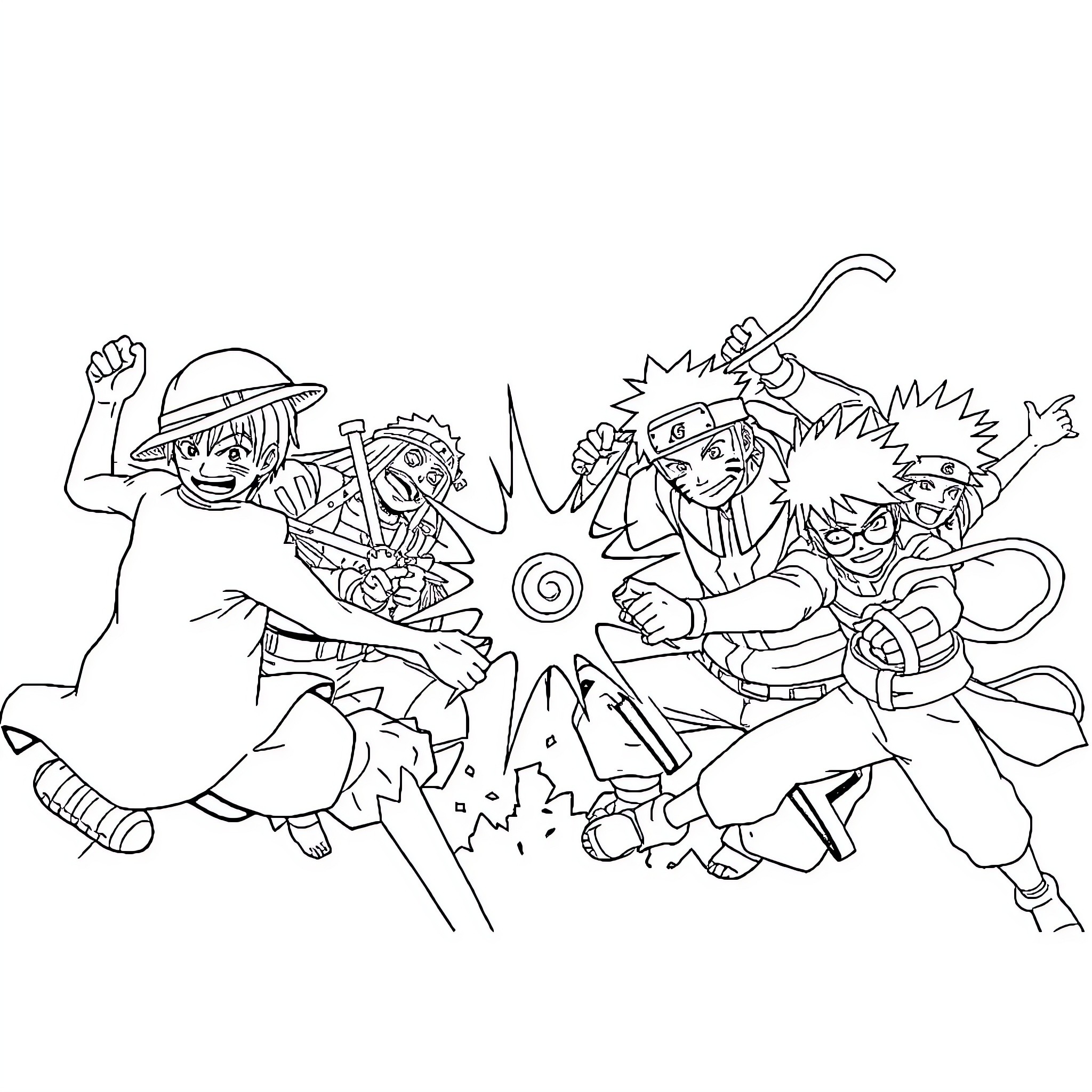 One Piece Anime Characters in Action Poses Coloring Page (free black-and-white line drawing printable PDF for all, from beginners to advanced learners, including children, teens, adults, and seniors)