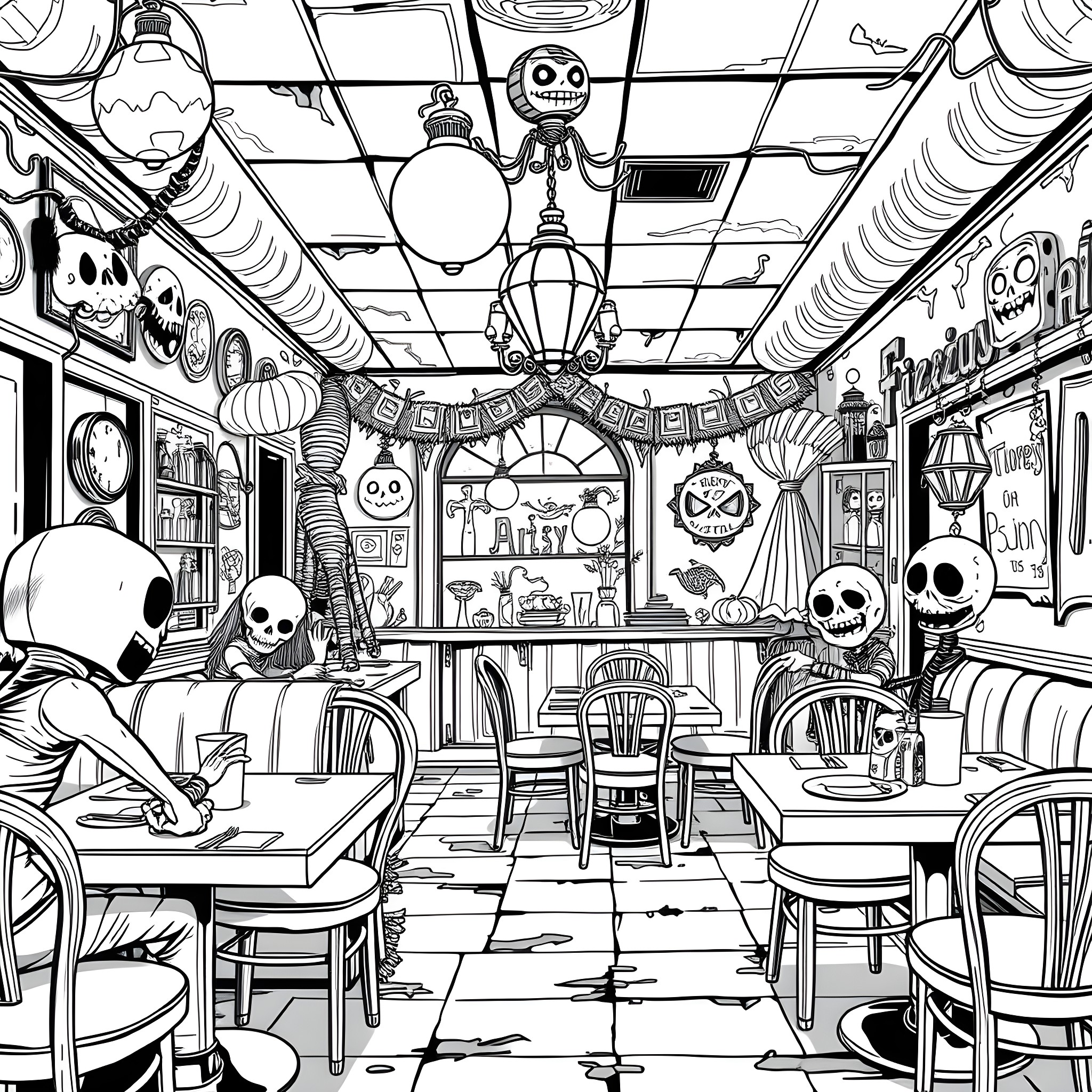 FNAF: Spooky Diner with Haunting Decor Coloring Page (free black-and-white line drawing printable PDF for all, from beginners to advanced learners, including children, teens, adults, and seniors)