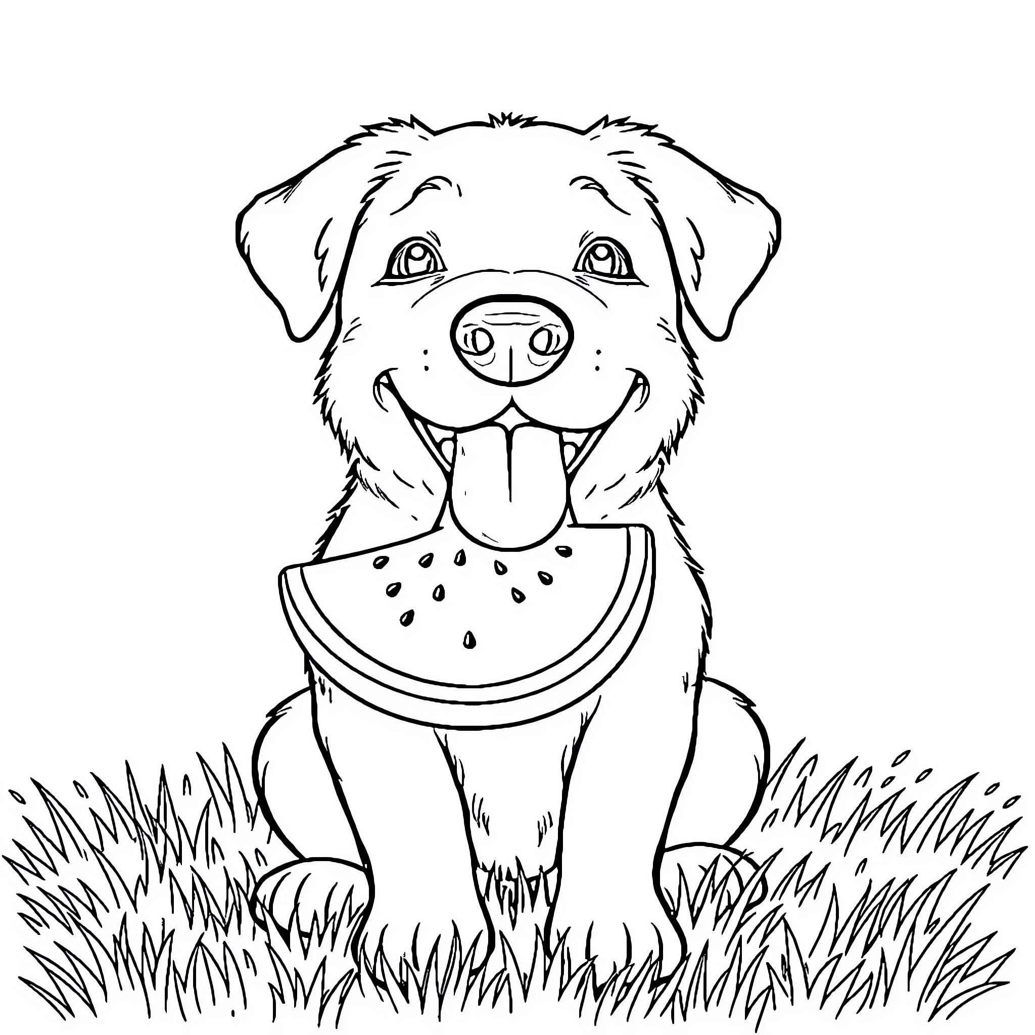 Dog enjoying a refreshing watermelon treat in the grass Coloring Page (free black-and-white line drawing printable PDF for all, from beginners to advanced learners, including children, teens, adults, and seniors)
