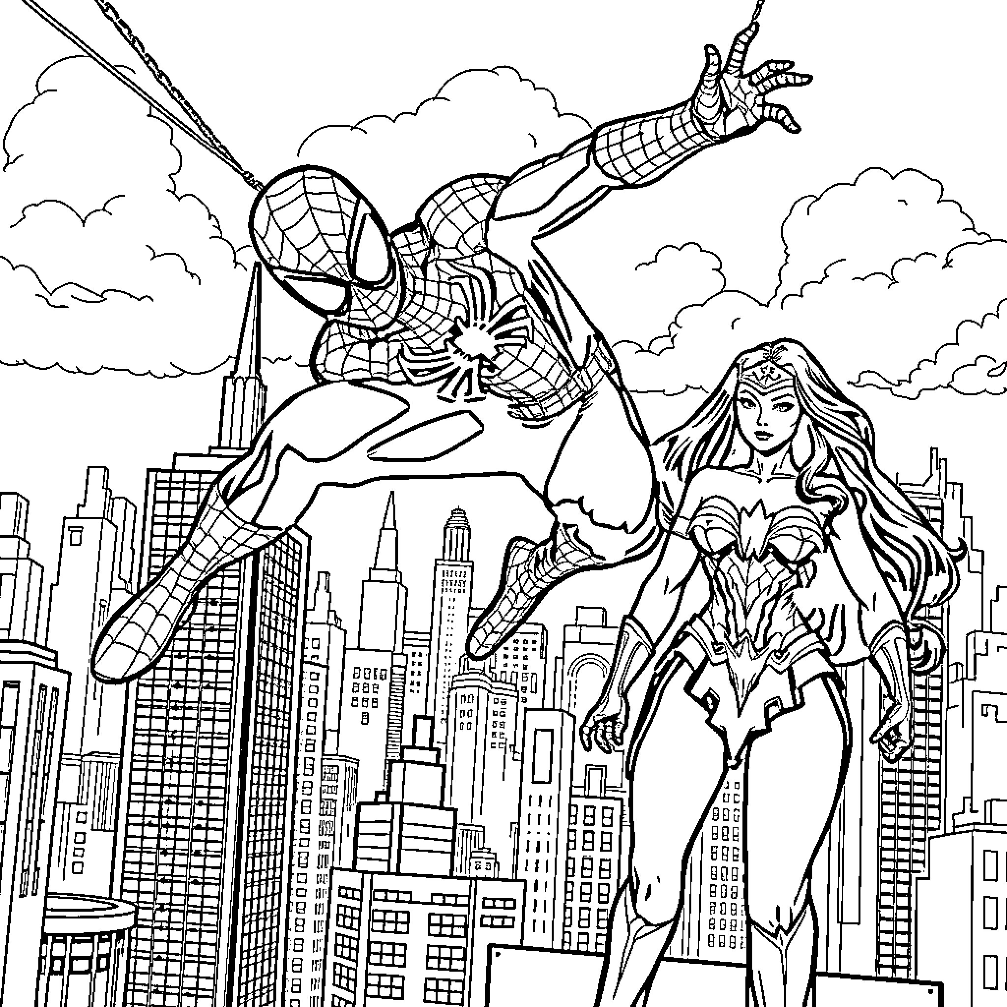 Spider-Man swinging through the city with Wonder Woman Coloring Page (free black-and-white line drawing printable PDF for all, from beginners to advanced learners, including children, teens, adults, and seniors)