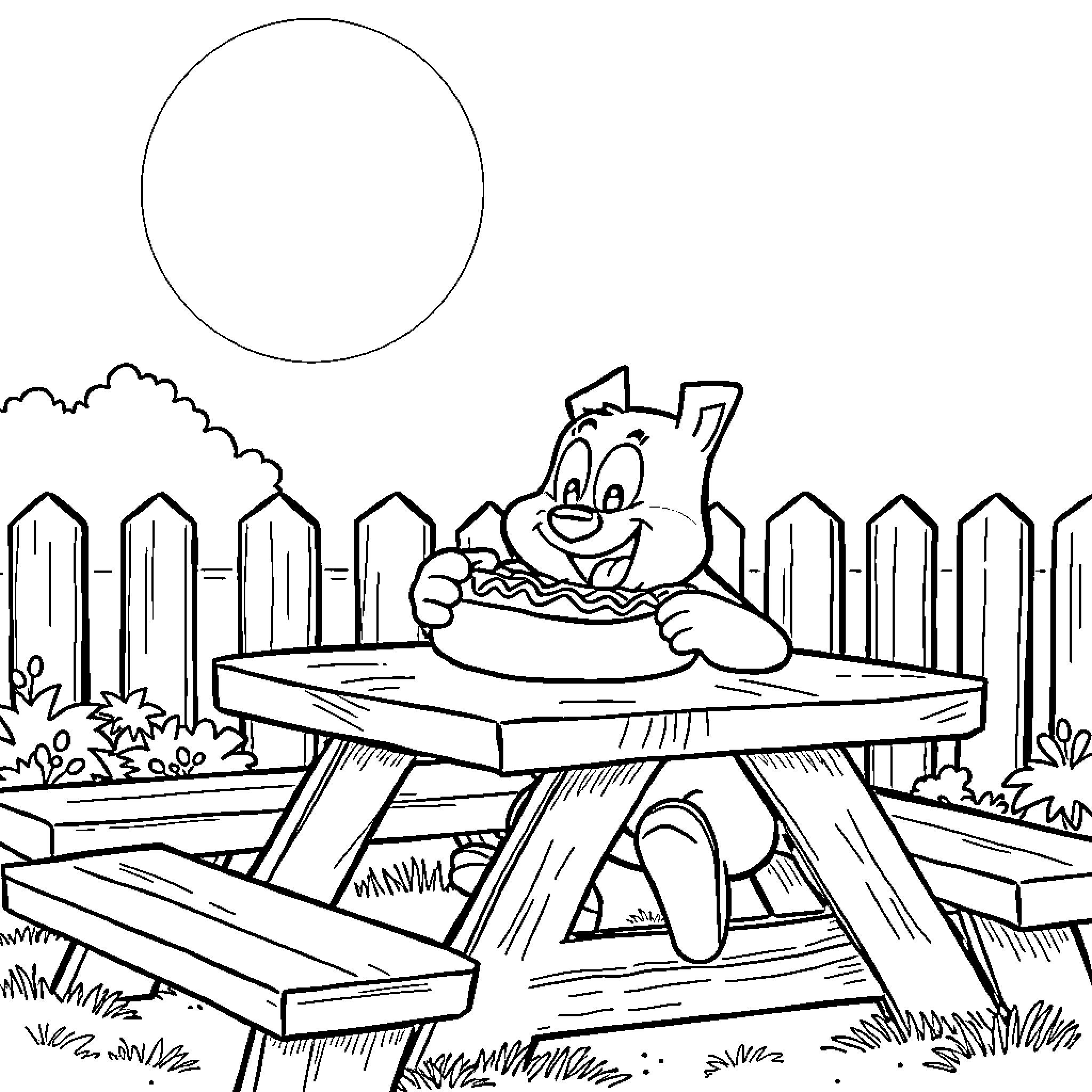 Bluey enjoying a picnic in the park Coloring Page (free black-and-white line drawing printable PDF for all, from beginners to advanced learners, including children, teens, adults, and seniors)