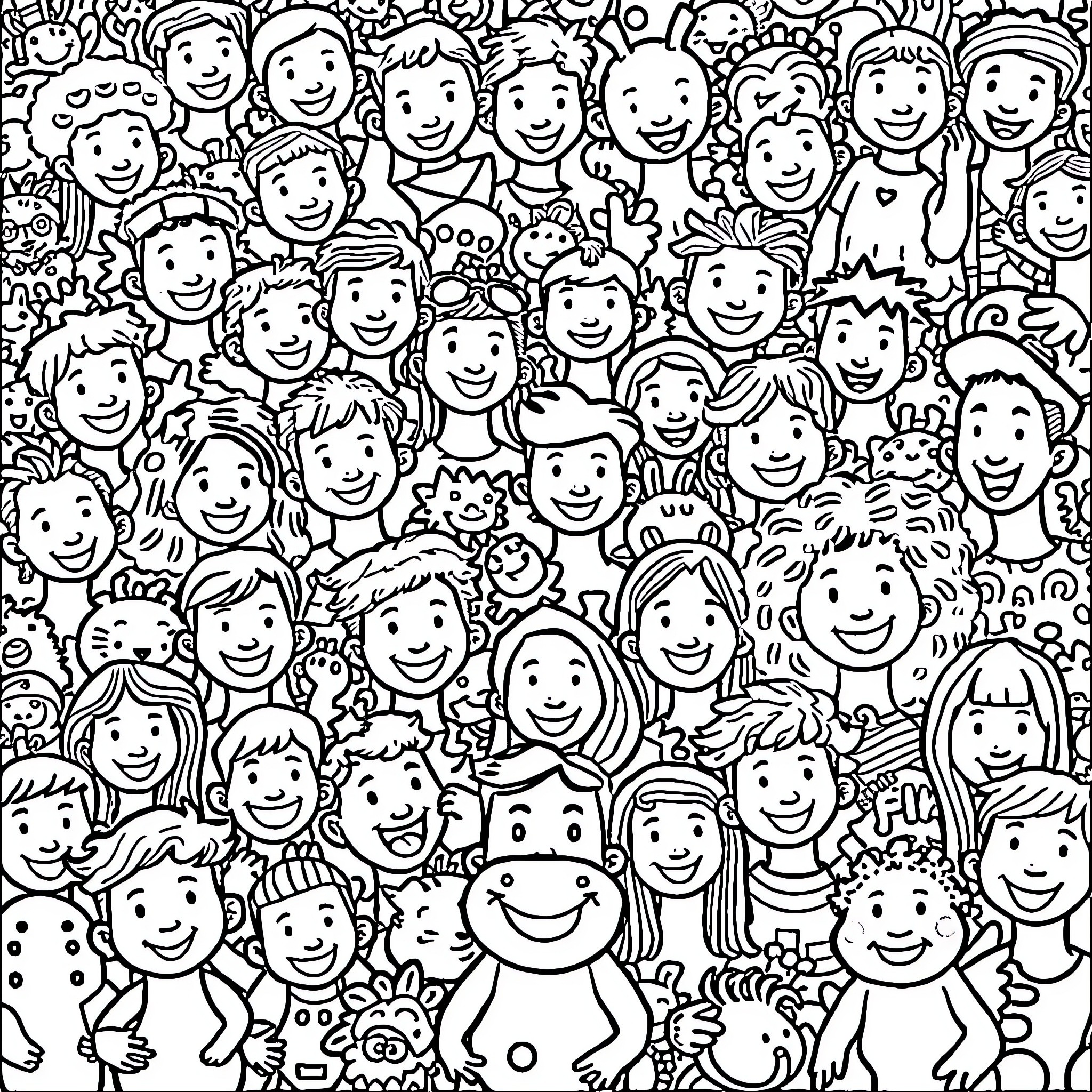 Character Crowd of Happy and Smiling People Coloring Page (free black-and-white line drawing printable PDF for all, from beginners to advanced learners, including children, teens, adults, and seniors)
