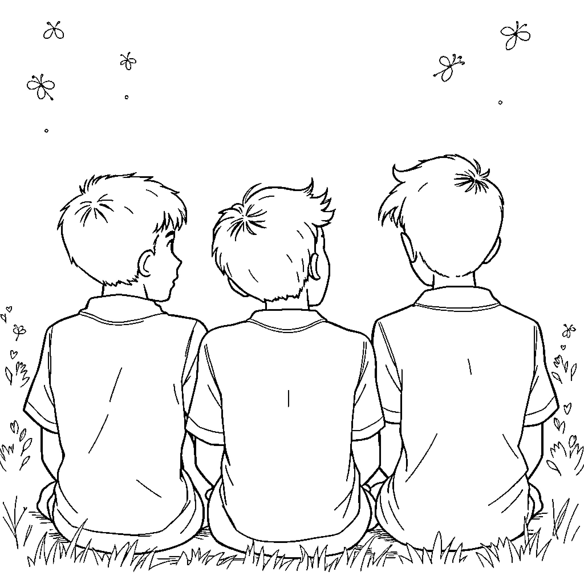 Boys playing together in a field Coloring Page (free black-and-white line drawing printable PDF for all, from beginners to advanced learners, including children, teens, adults, and seniors)