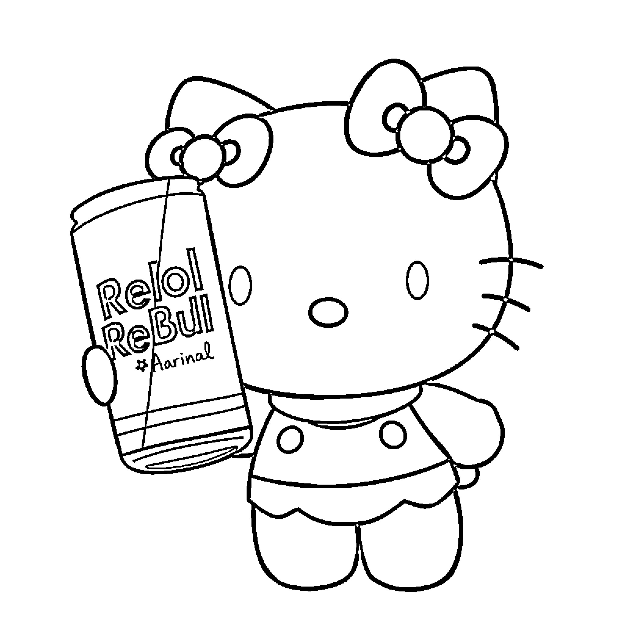 Hello Kitty holding a Redbull energy drink Coloring Page (free black-and-white line drawing printable PDF for all, from beginners to advanced learners, including children, teens, adults, and seniors)