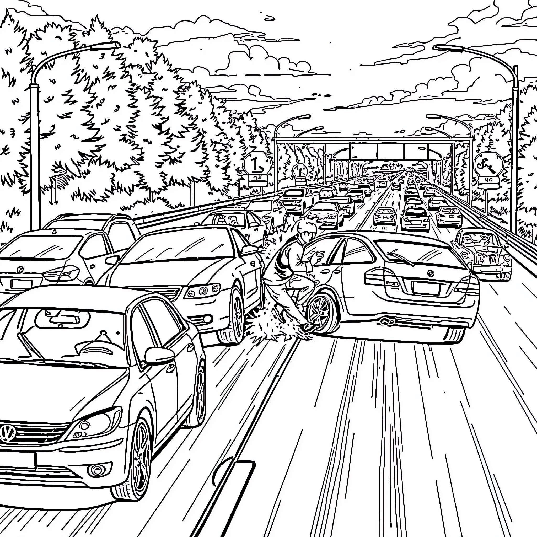 Car traffic congestion on the highway in the city Coloring Page (free black-and-white line drawing printable PDF for all, from beginners to advanced learners, including children, teens, adults, and seniors)