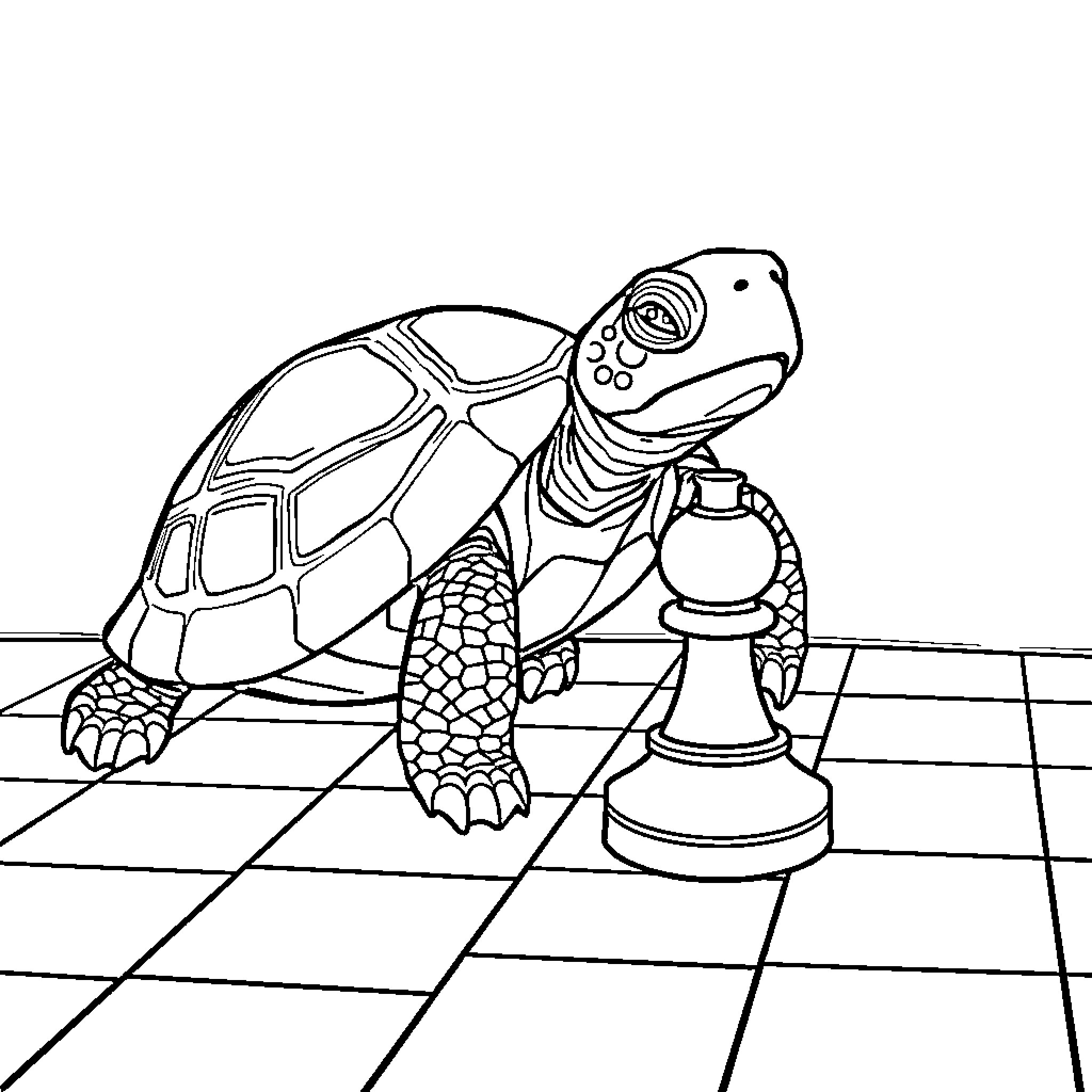 Turtle contemplating a chess move Coloring Page (free black-and-white line drawing printable PDF for all, from beginners to advanced learners, including children, teens, adults, and seniors)