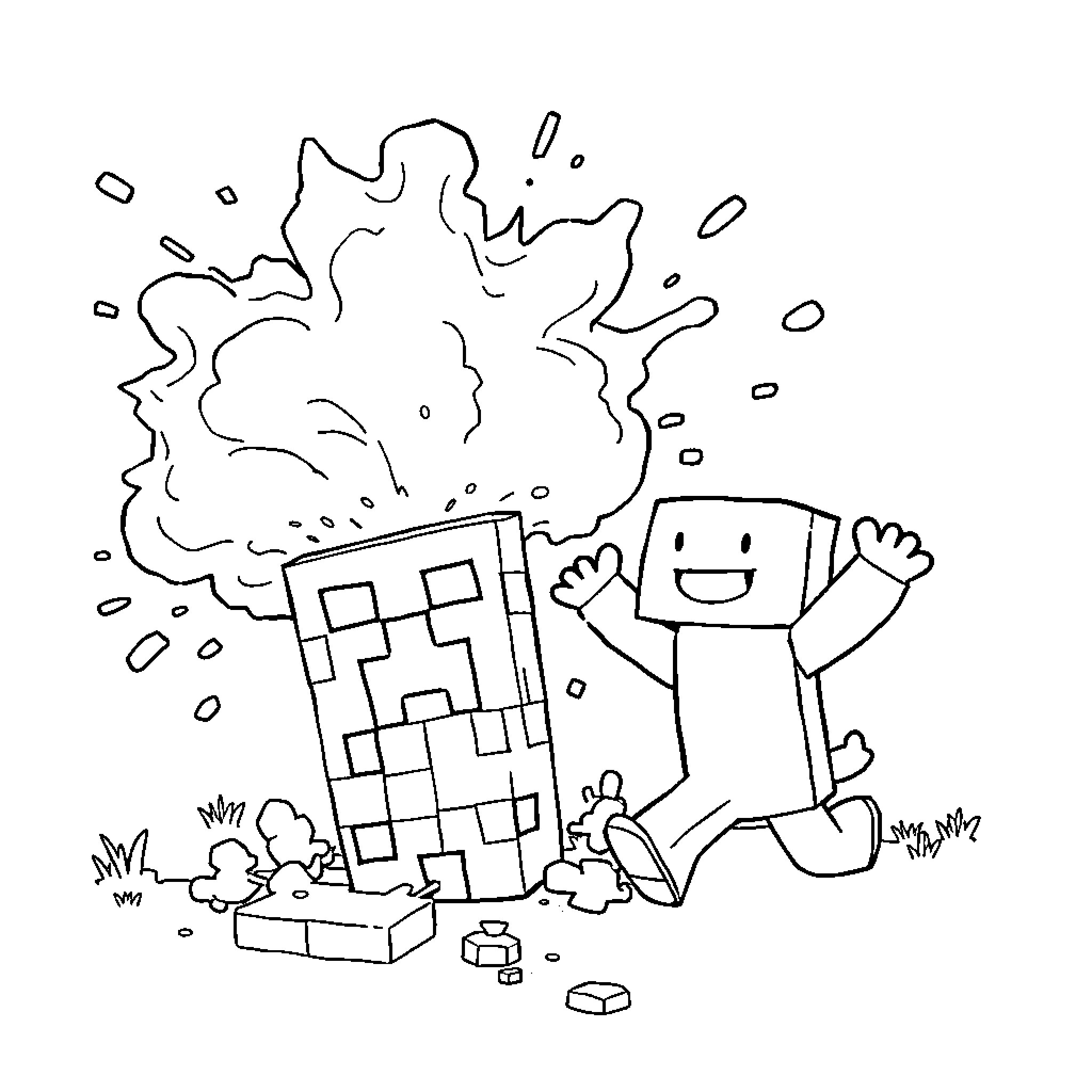 Creeper exploding near a joyful character Coloring Page (free black-and-white line drawing printable PDF for all, from beginners to advanced learners, including children, teens, adults, and seniors)