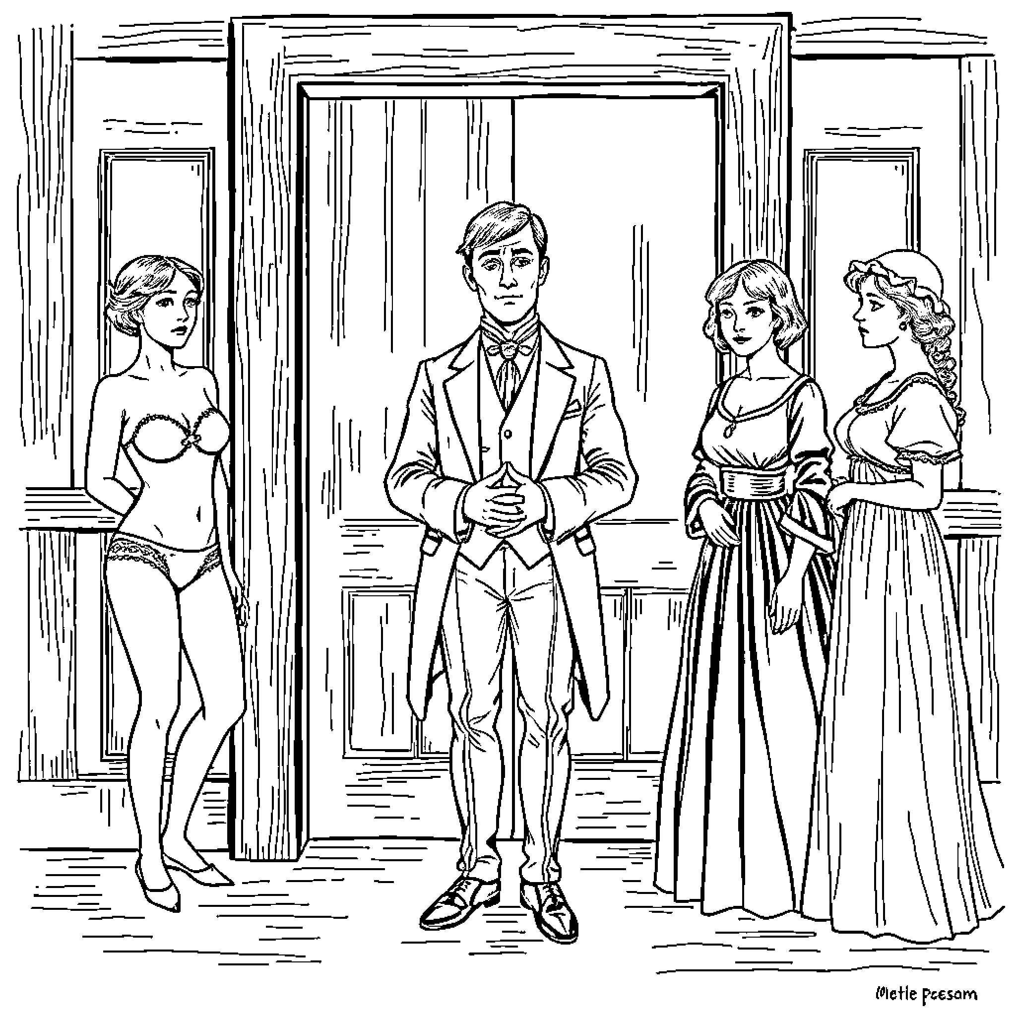 Gentleman's eventful evening with female companions Coloring Page (free black-and-white line drawing printable PDF for all, from beginners to advanced learners, including children, teens, adults, and seniors)