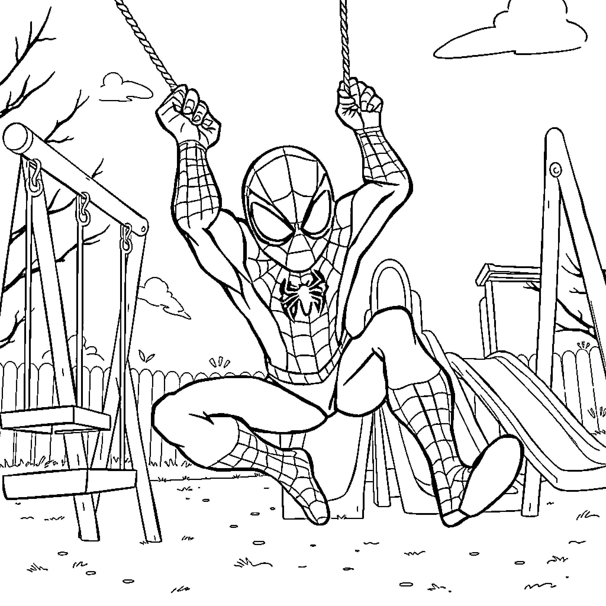 Spider-Man swinging through the city skyline Coloring Page (free black-and-white line drawing printable PDF for all, from beginners to advanced learners, including children, teens, adults, and seniors)