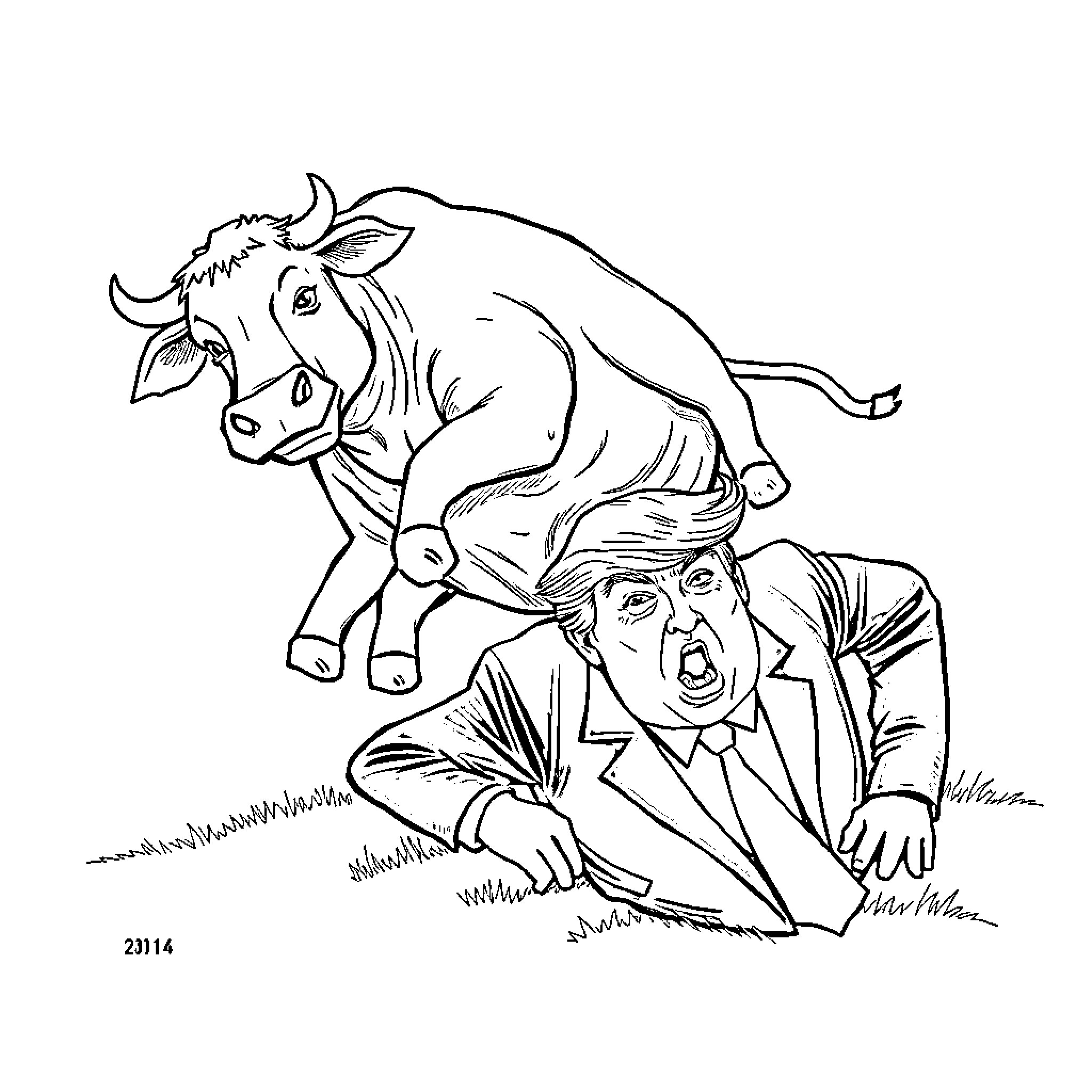 Cow charging at a person in a suit Coloring Page (free black-and-white line drawing printable PDF for all, from beginners to advanced learners, including children, teens, adults, and seniors)