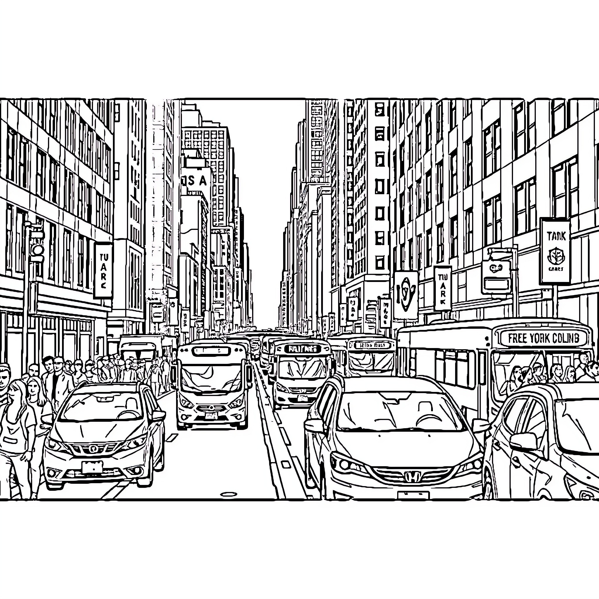 New York City Bustling Street Scene with Pedestrians and Vehicles Coloring Page (free black-and-white line drawing printable PDF for all, from beginners to advanced learners, including children, teens, adults, and seniors)