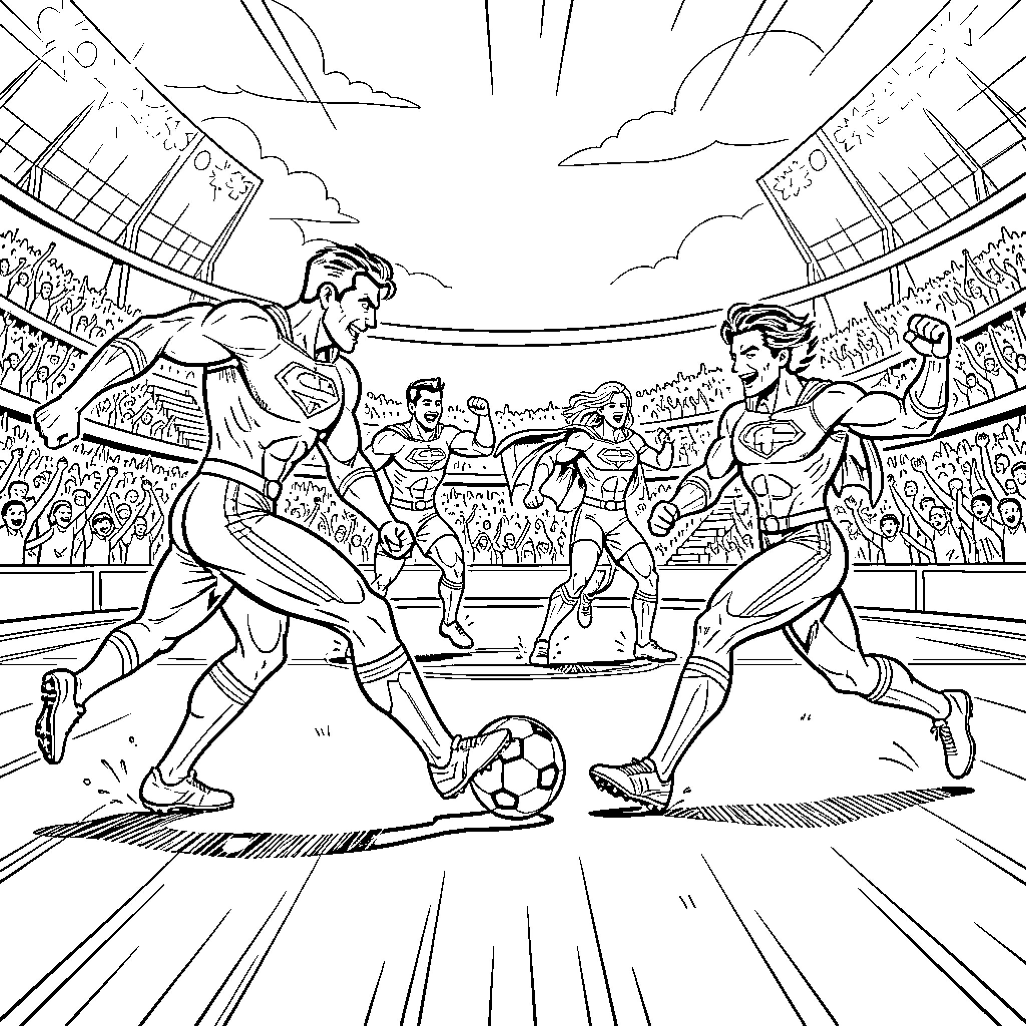Superheroes competing in an intense sports event Coloring Page (free black-and-white line drawing printable PDF for all, from beginners to advanced learners, including children, teens, adults, and seniors)