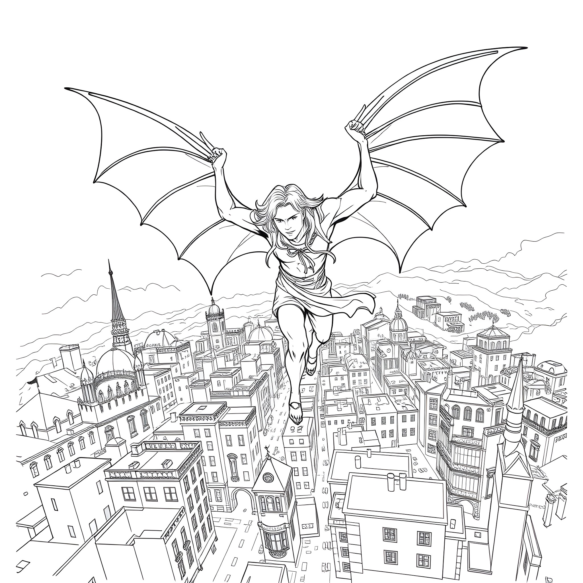 Man soaring above the city with large wings Coloring Page (free black-and-white line drawing printable PDF for all, from beginners to advanced learners, including children, teens, adults, and seniors)